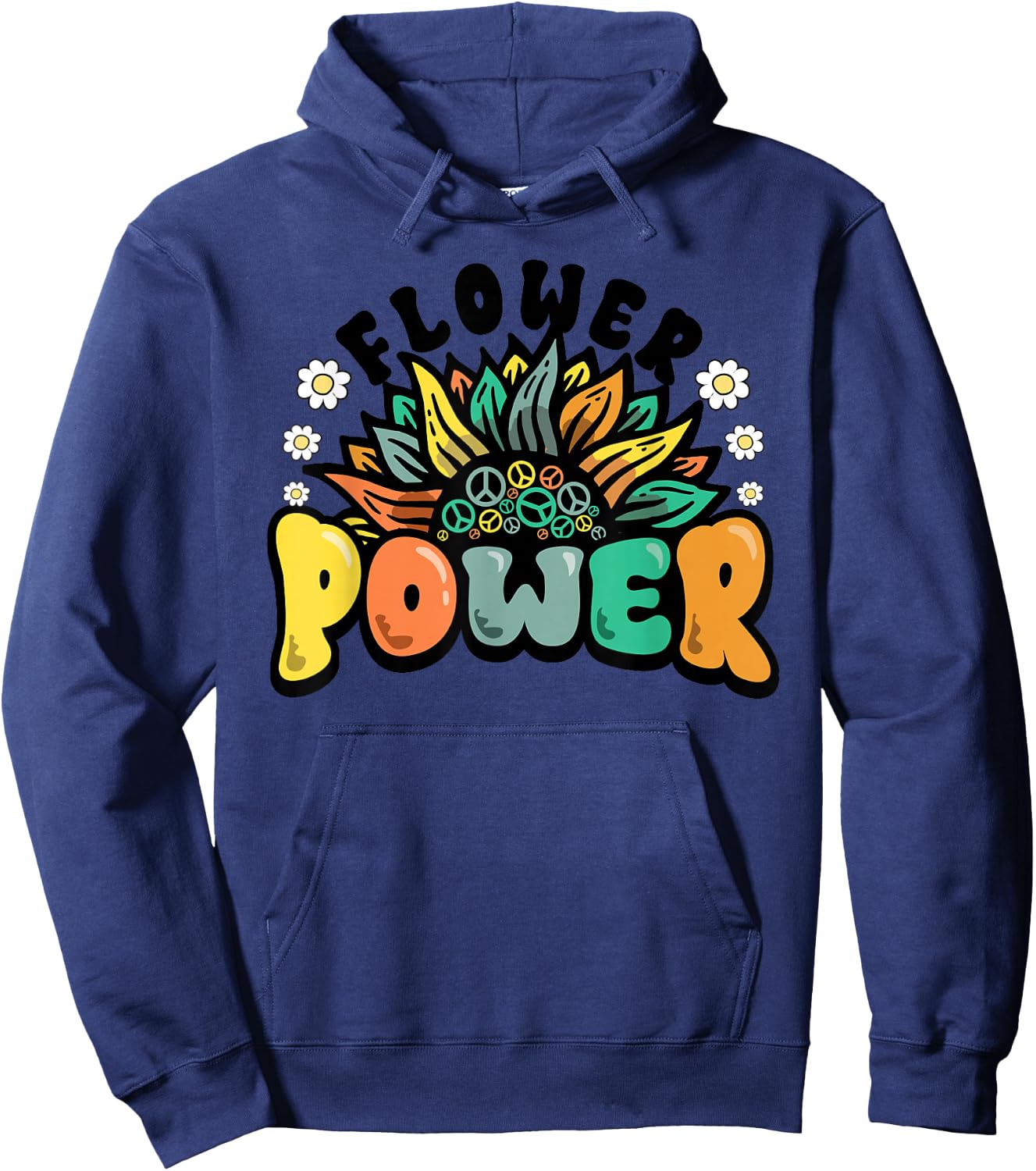 Flower Power Peace Symbol Sunflower Retro 60s 70s Hoodie - Hoodie | Navy