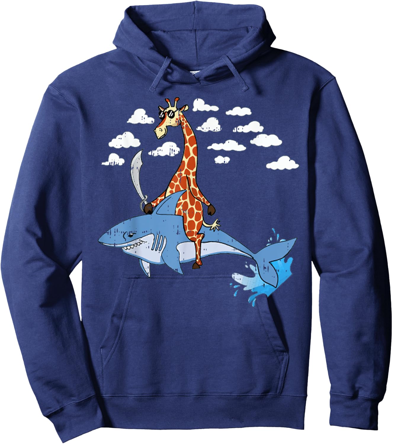 Giraffe Pirate Riding Shark Sword Cute Animal Halloween Gift Hoodie - Hoodie | Navy