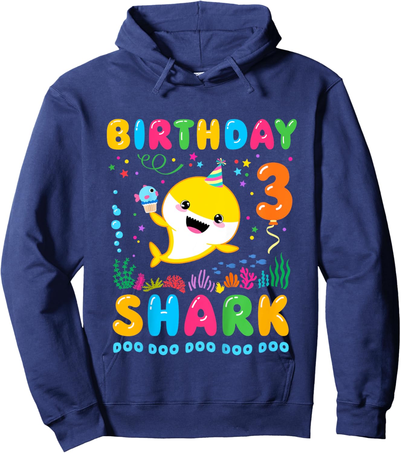 Birthday Shark 3 Year Old Boy or Girl 3rd Bday Kawaii Hoodie - Hoodie | Navy