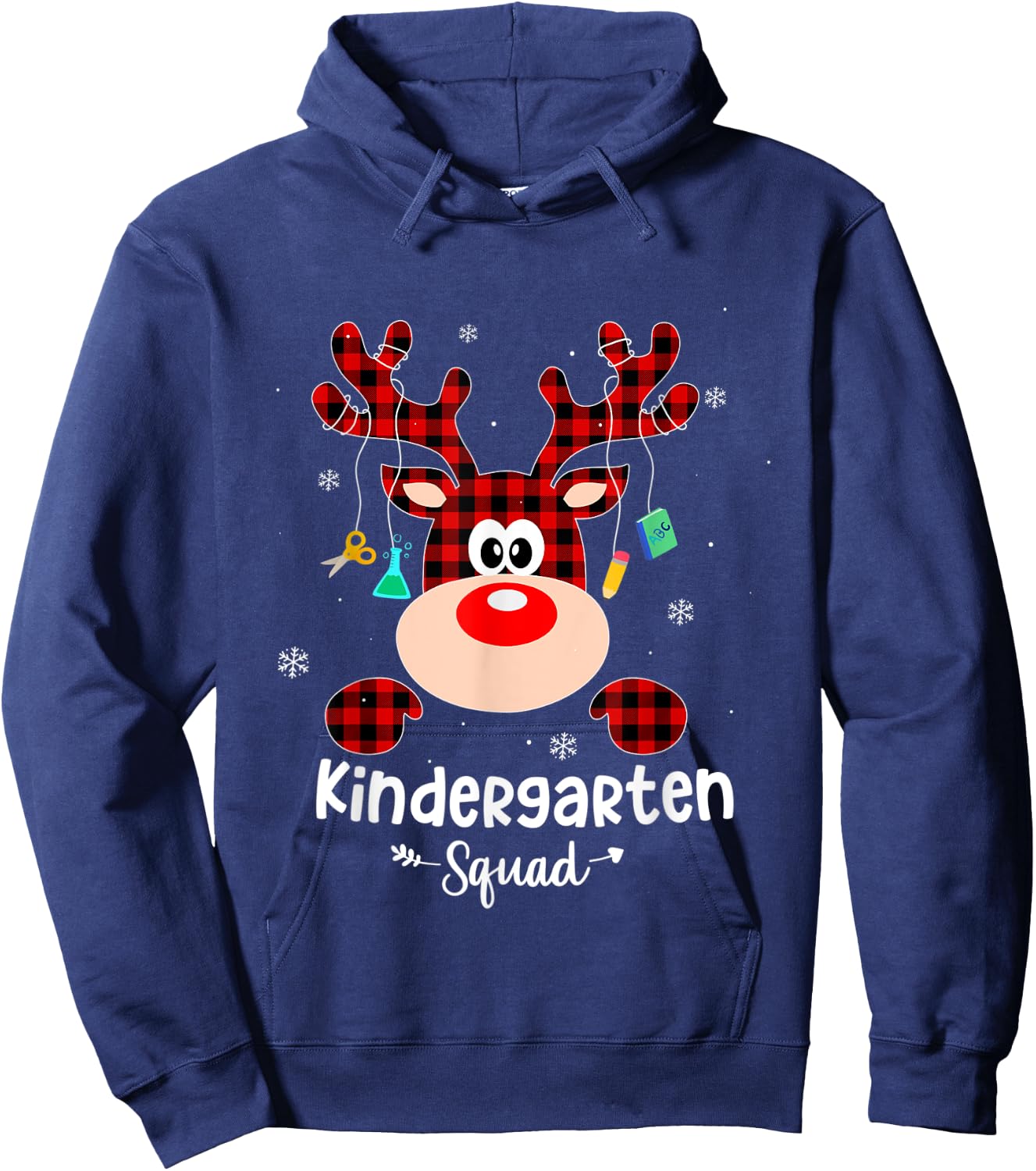 Kindergarten Squad Cute Red Plaid Reindeer Teacher Christmas Hoodie - Hoodie | Navy