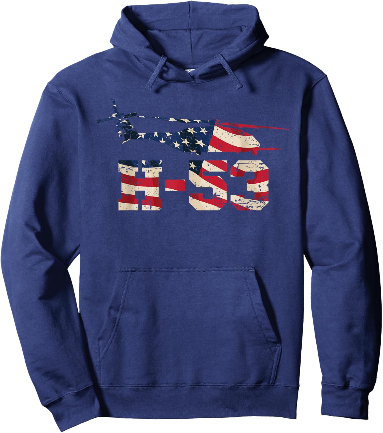 American H-53 Helicopter with USA Flag Overlay Distressed Hoodie - Hoodie | Navy