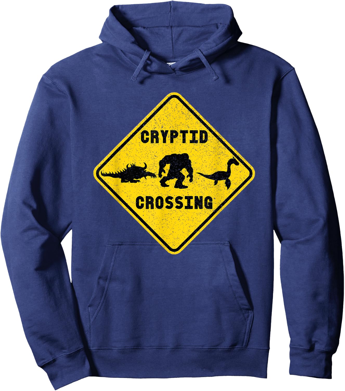 Cryptid Crossing Yield Road Sign Funny Nessie Bigfoot Hodag Hoodie - Hoodie | Navy