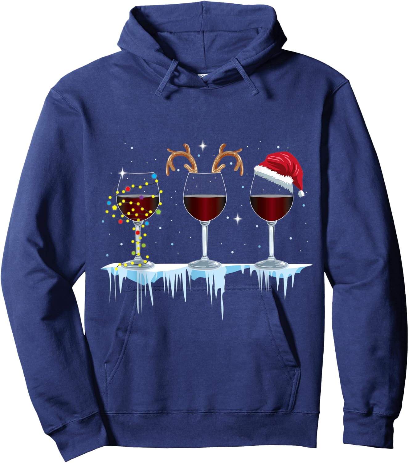 Wine Glasses with Reindeer and Santa and Christmas Lights Hoodie - Hoodie | Navy