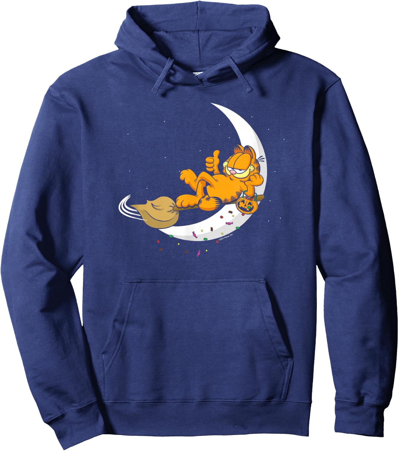 Garfield Halloween Crescent Moon Broom Riding Garfield Hoodie - Hoodie | Navy