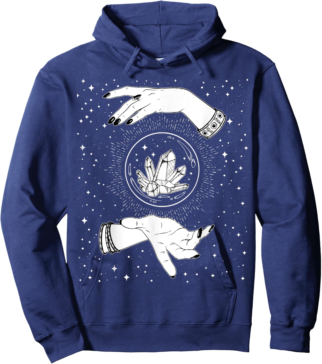 Retro Vintage Witchy Crystal Ball Witch Hands & Stars Black Hoodie - Hoodie | Navy