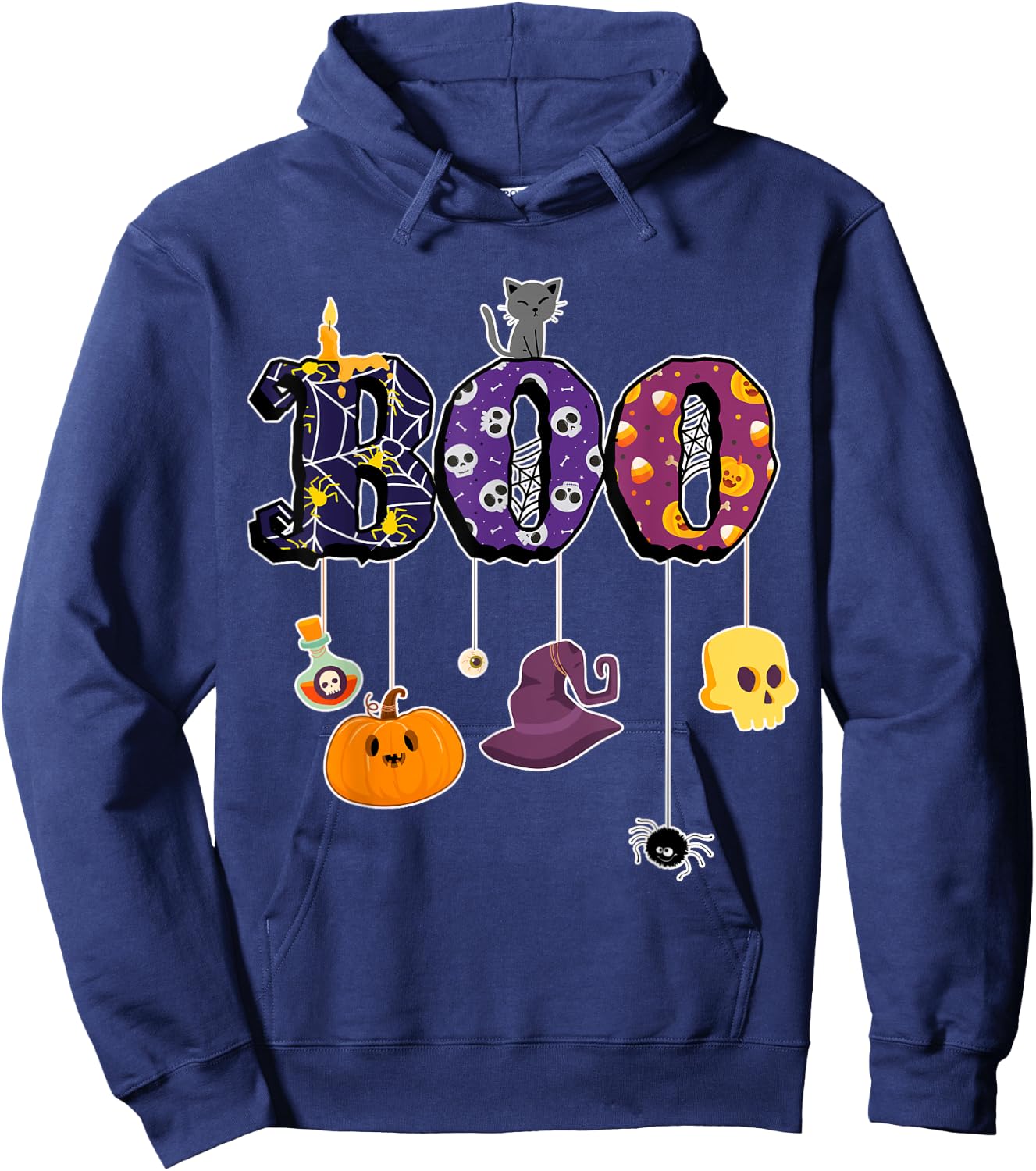 Boo Halloween Costume Spiders, Ghosts, Pumkin & Witch Hat Hoodie - Hoodie | Navy