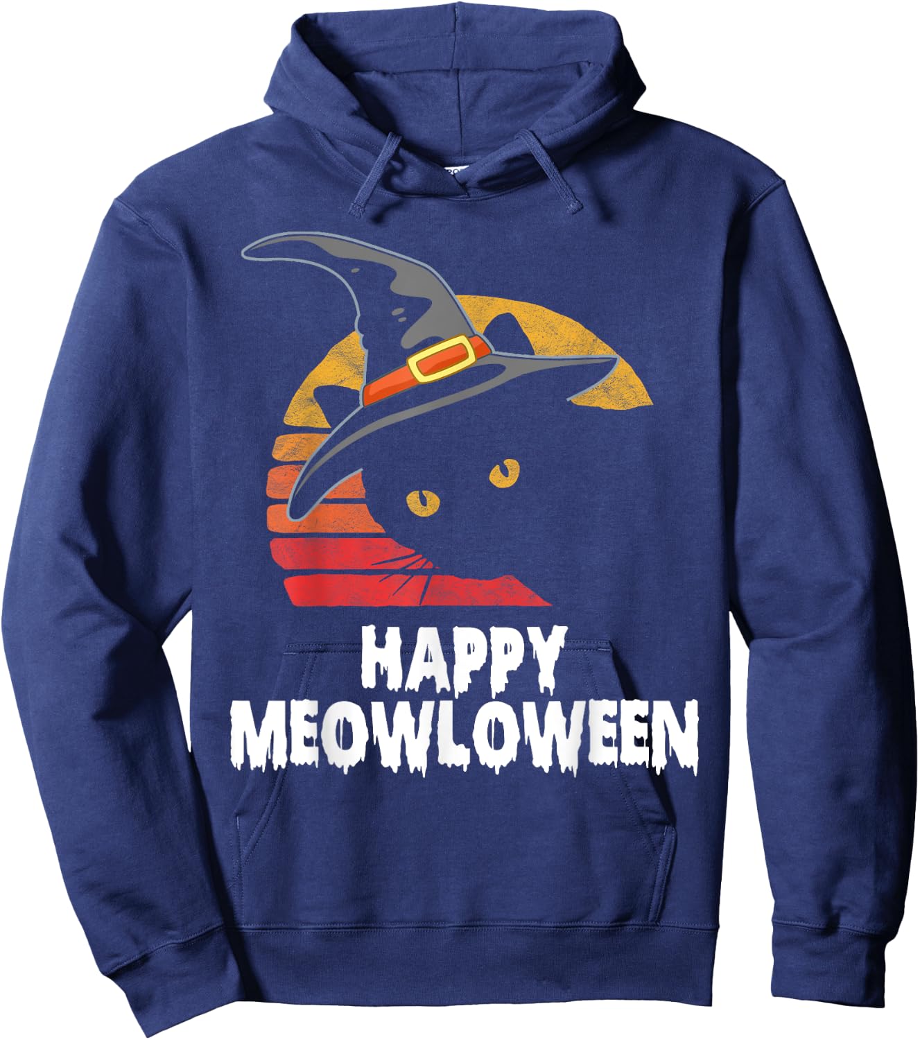 Happy Meowloween! Funny Cat Witch's Hat Halloween 80s Sunset Hoodie - Hoodie | Navy