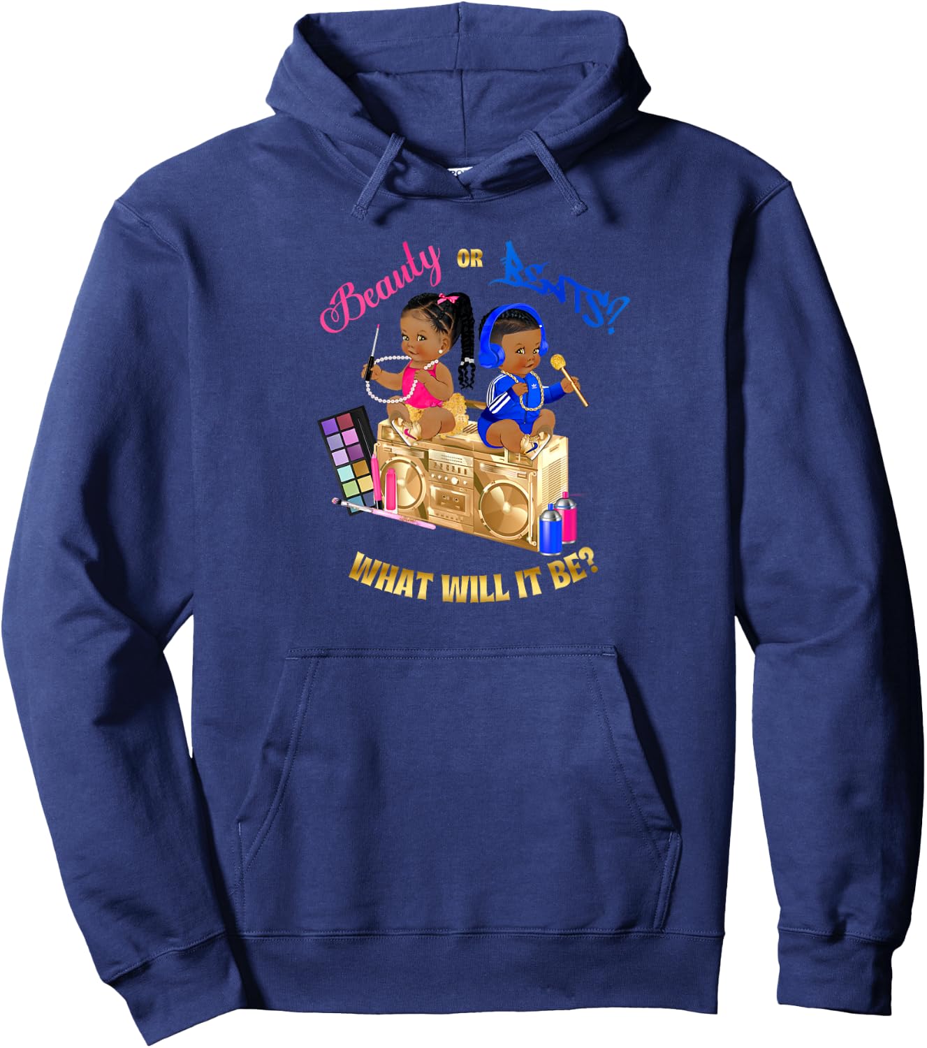 Beauty or Beats Baby Gender Reveal Royal Blue Hot Pink Gold Hoodie - Hoodie | Navy