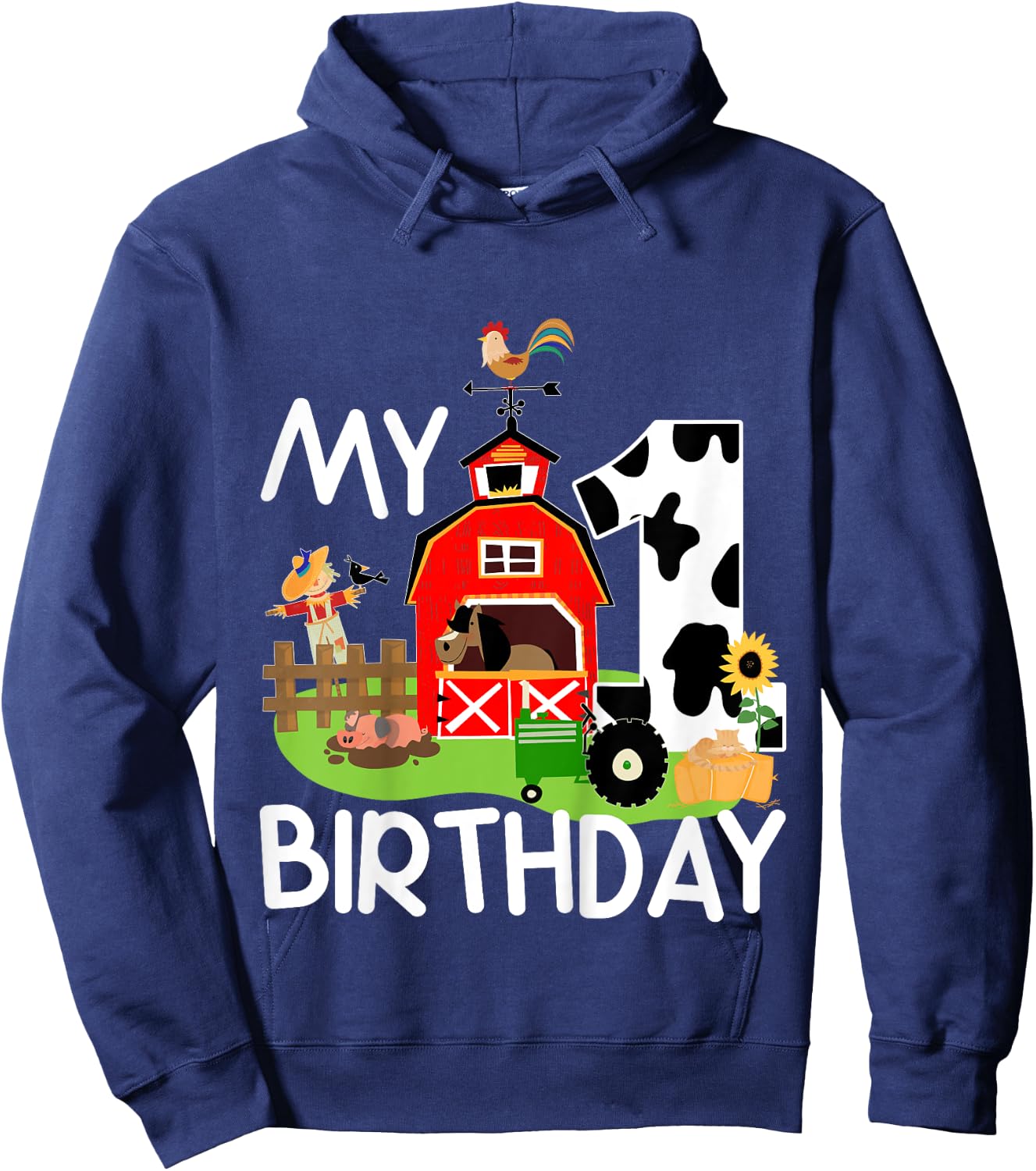 1st Birthday Shirt Farm Tractor Pig Horse Cow Chicken Cat for Kids Hoodie - Hoodie | Navy