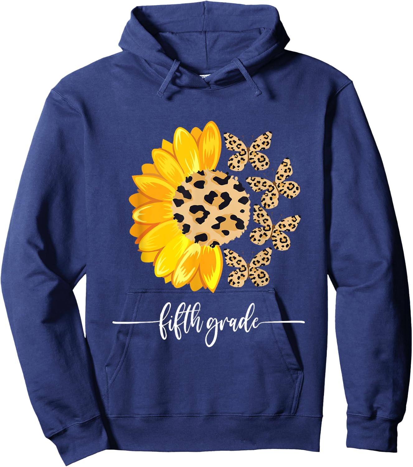 Fifth Grade Butterfly Sunflower Leopard First Day of School Hoodie - Hoodie | Navy