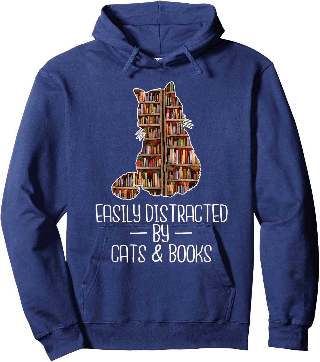 Easily Distracted by Cats & Books Lover Book Nerd Librarian Hoodie - Hoodie | Navy