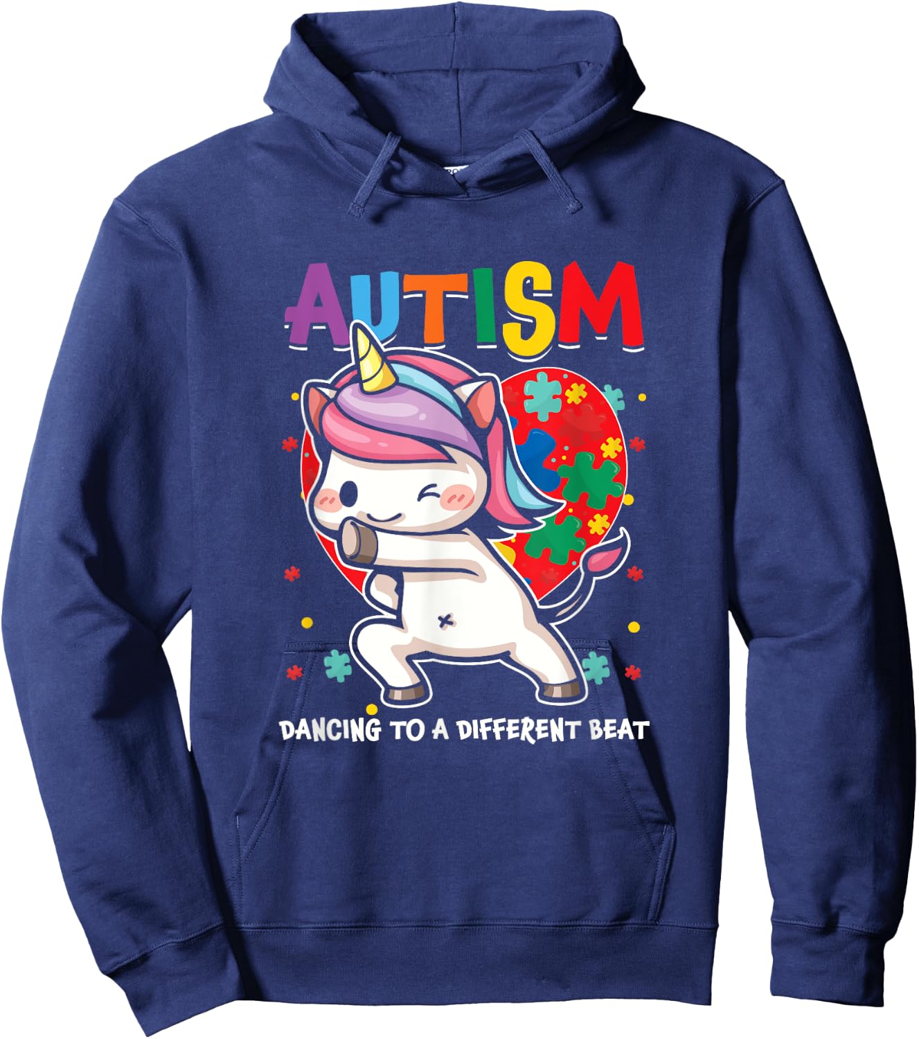 Autistic Unicorn Autism Awareness Heart Ribbon Puzzle Health Hoodie - Hoodie | Navy