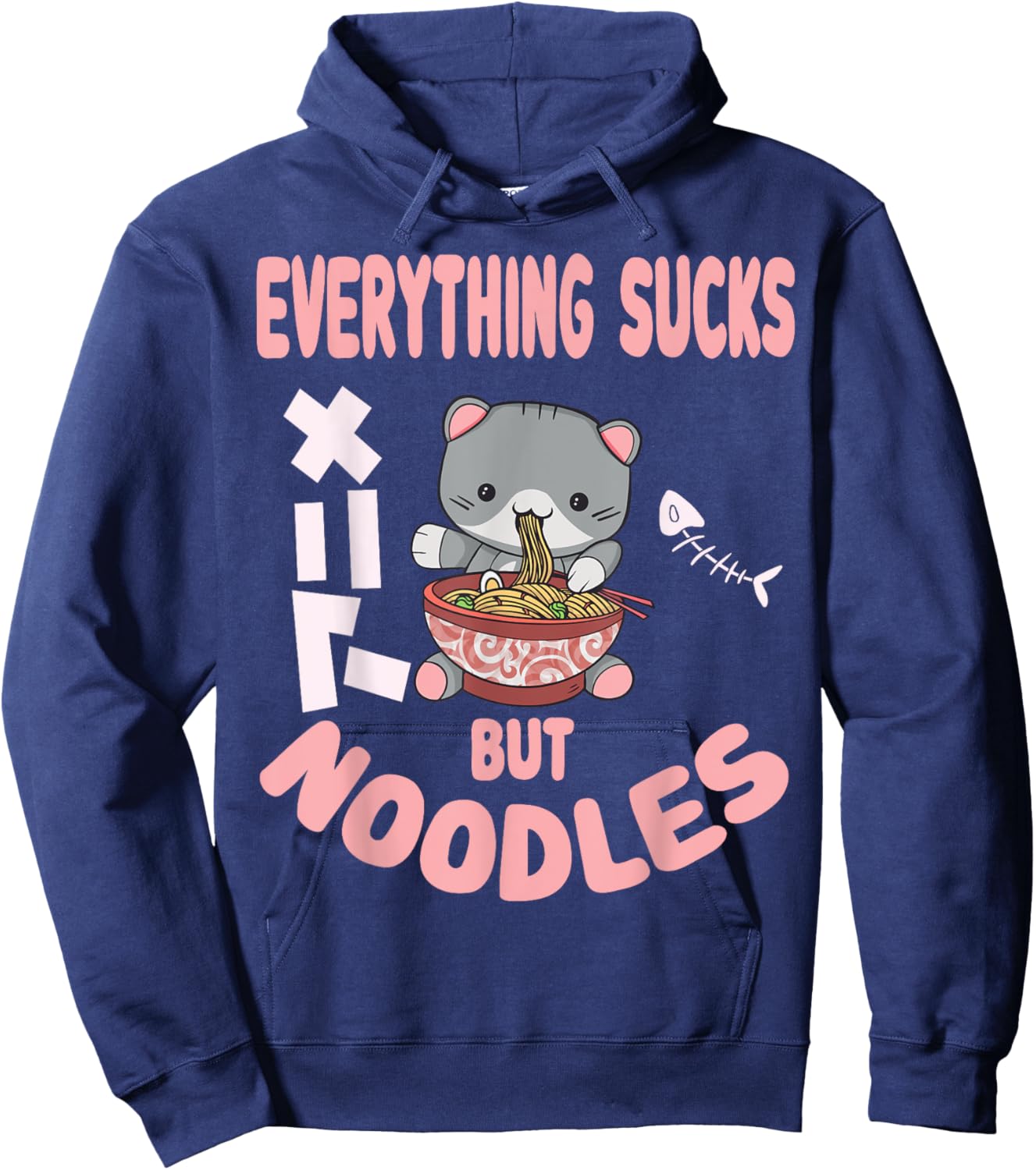 Everything sucks but noodles Pastel Goth Cat Kawaii Men Women Hoodie - Hoodie | Navy