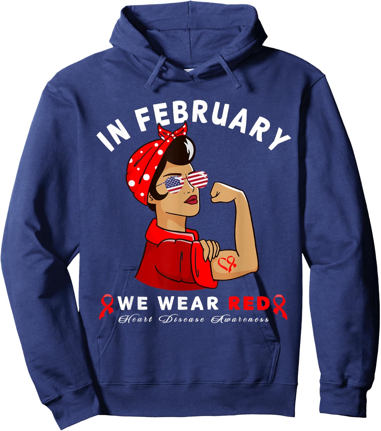 "In February we wear Red" Sunglasses Heart Disease Awareness Hoodie - Hoodie | Navy