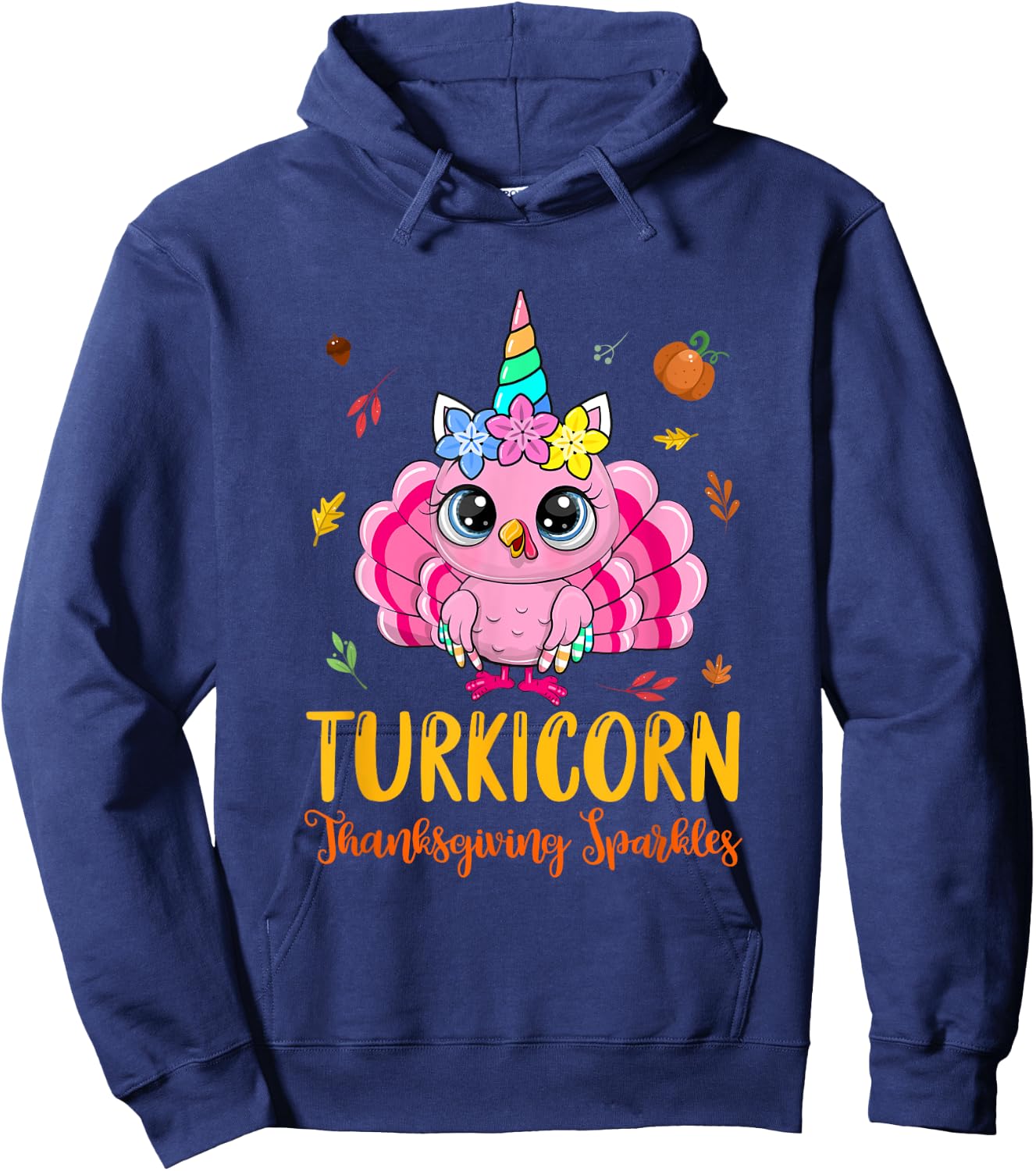 Cute Unicorn Turkey Funny Thanksgiving Turkicorn Girl Kids Hoodie - Hoodie | Navy
