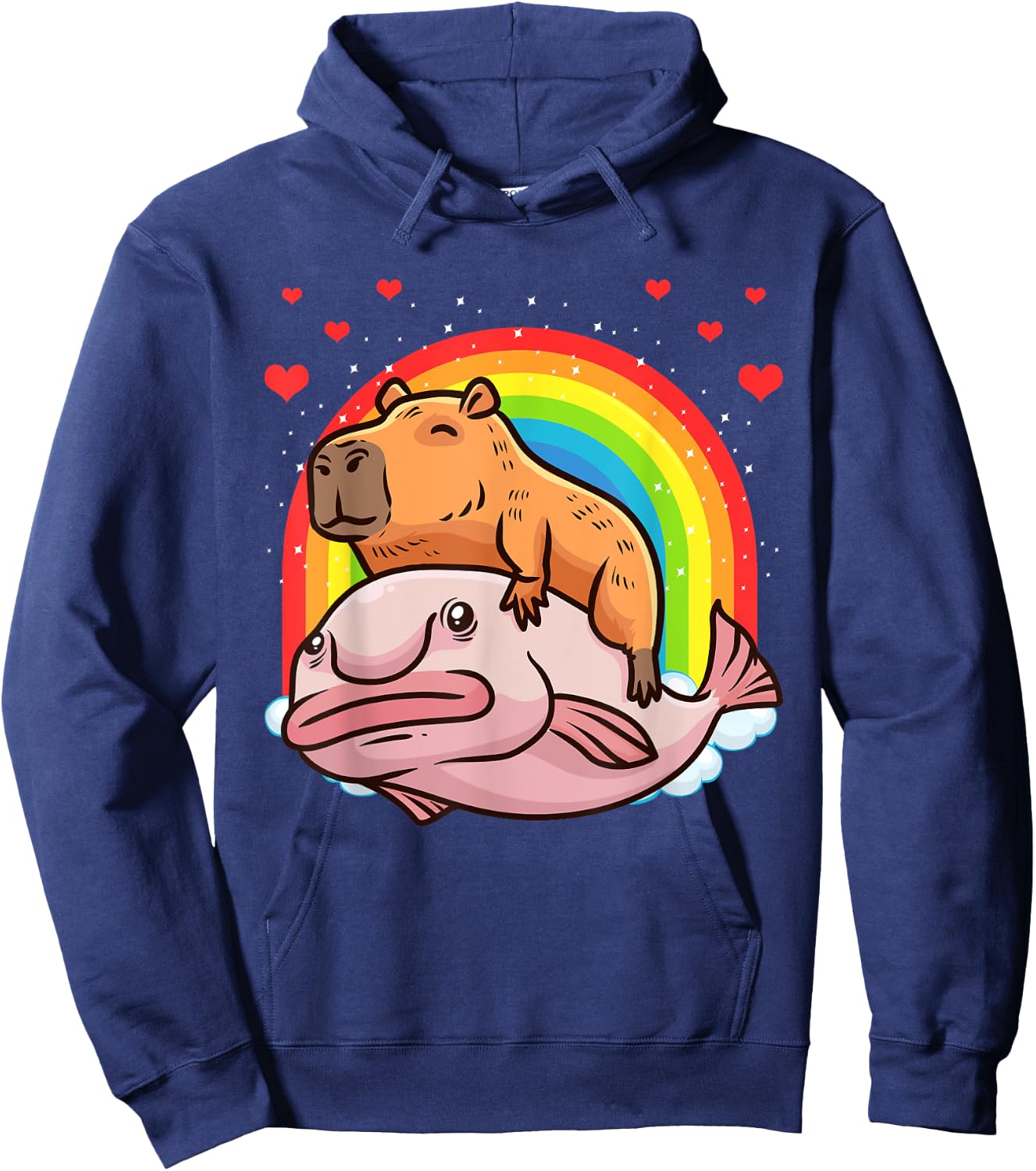 Capybara Giant Cavy Rodent With Rainbow Hearts Blobfish Hoodie - Hoodie | Navy