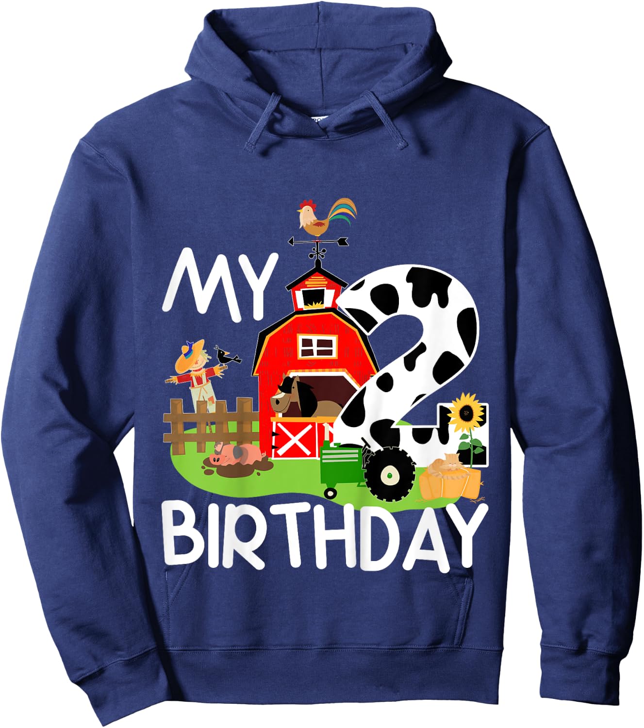 2nd Birthday Shirt Farm Tractor Pig Horse Cow Chicken Cat Girls Kids Hoodie - Hoodie | Navy