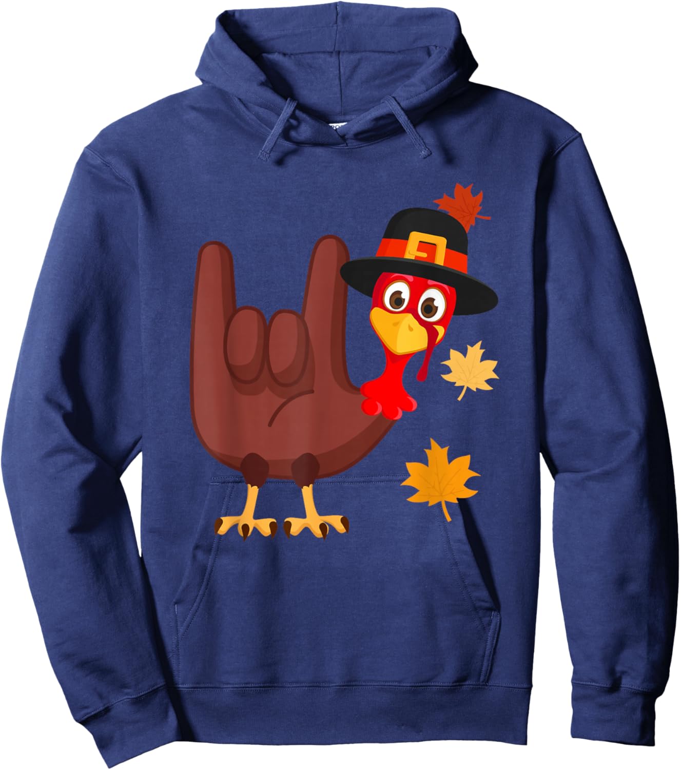 Zone - 365 Thanksgiving ASL Funny Turkey -Adults Black Modern Cartoon Hoodie - Hoodie | Navy