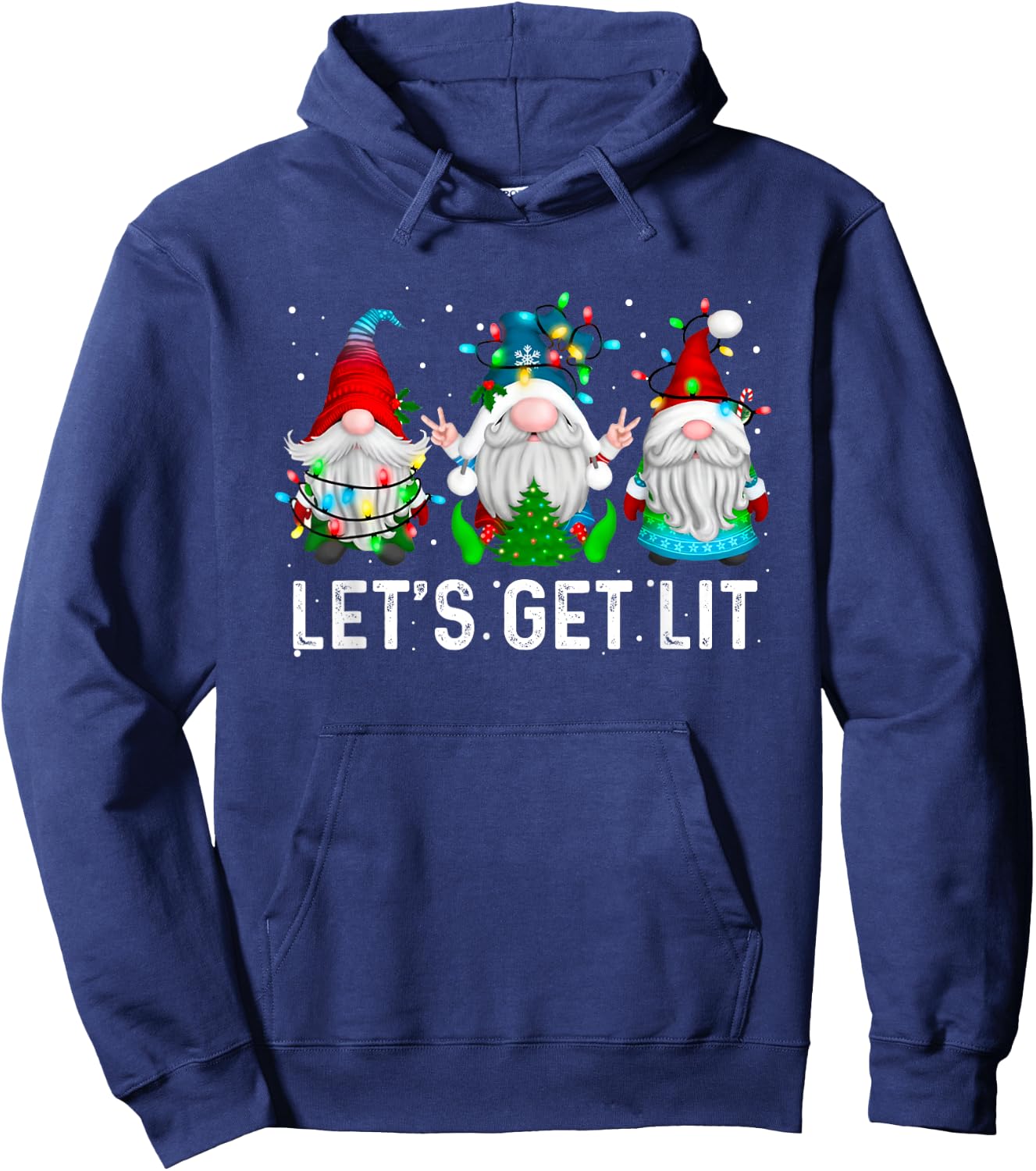 Let's Get Lit Funny Gnome Christmas Drinking Xmas Lights Hoodie - Hoodie | Navy