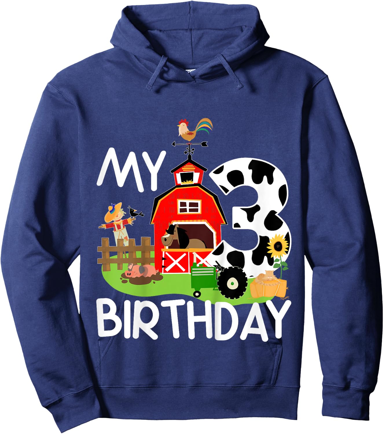 3rd Birthday Shirt Farm Tractor Pig Horse Cow Chicken Cat for Girls Kids Hoodie - Hoodie | Navy