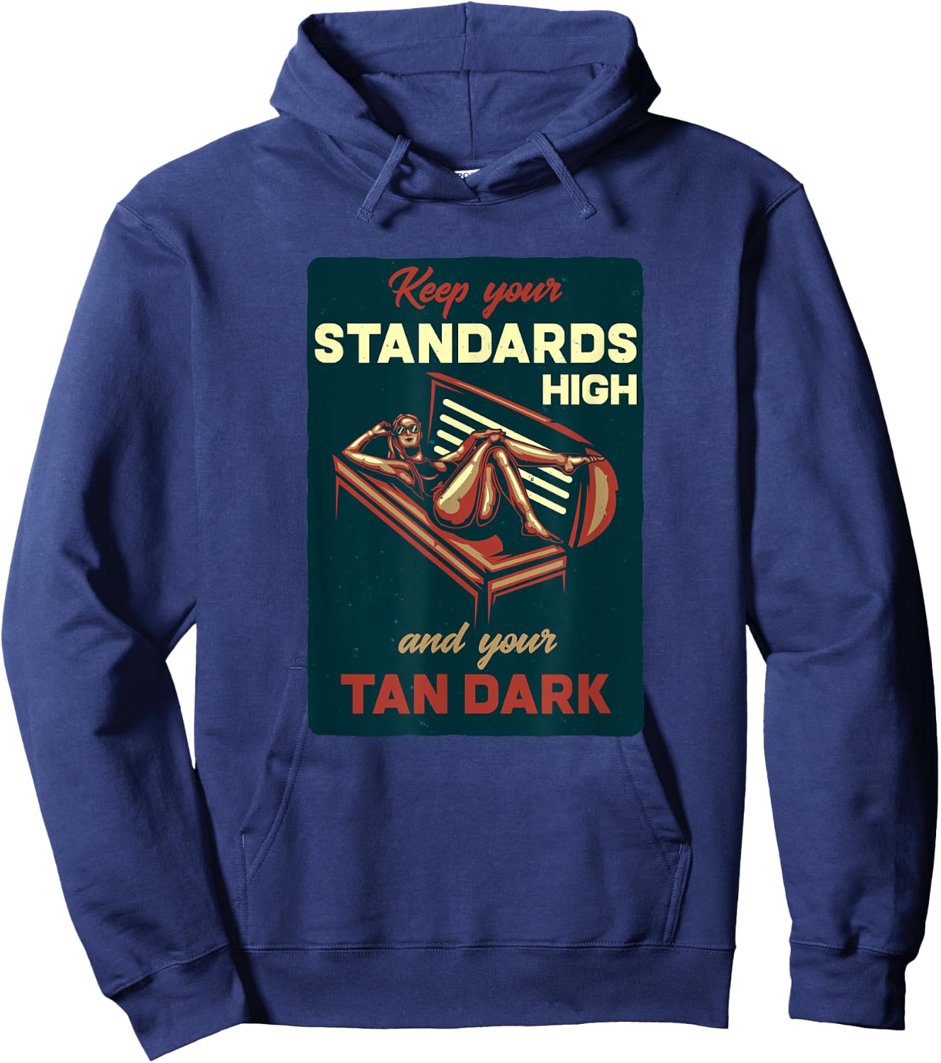 Vintage Advertising Sign Print, Dark Tan Solarium Hoodie - Hoodie | Navy