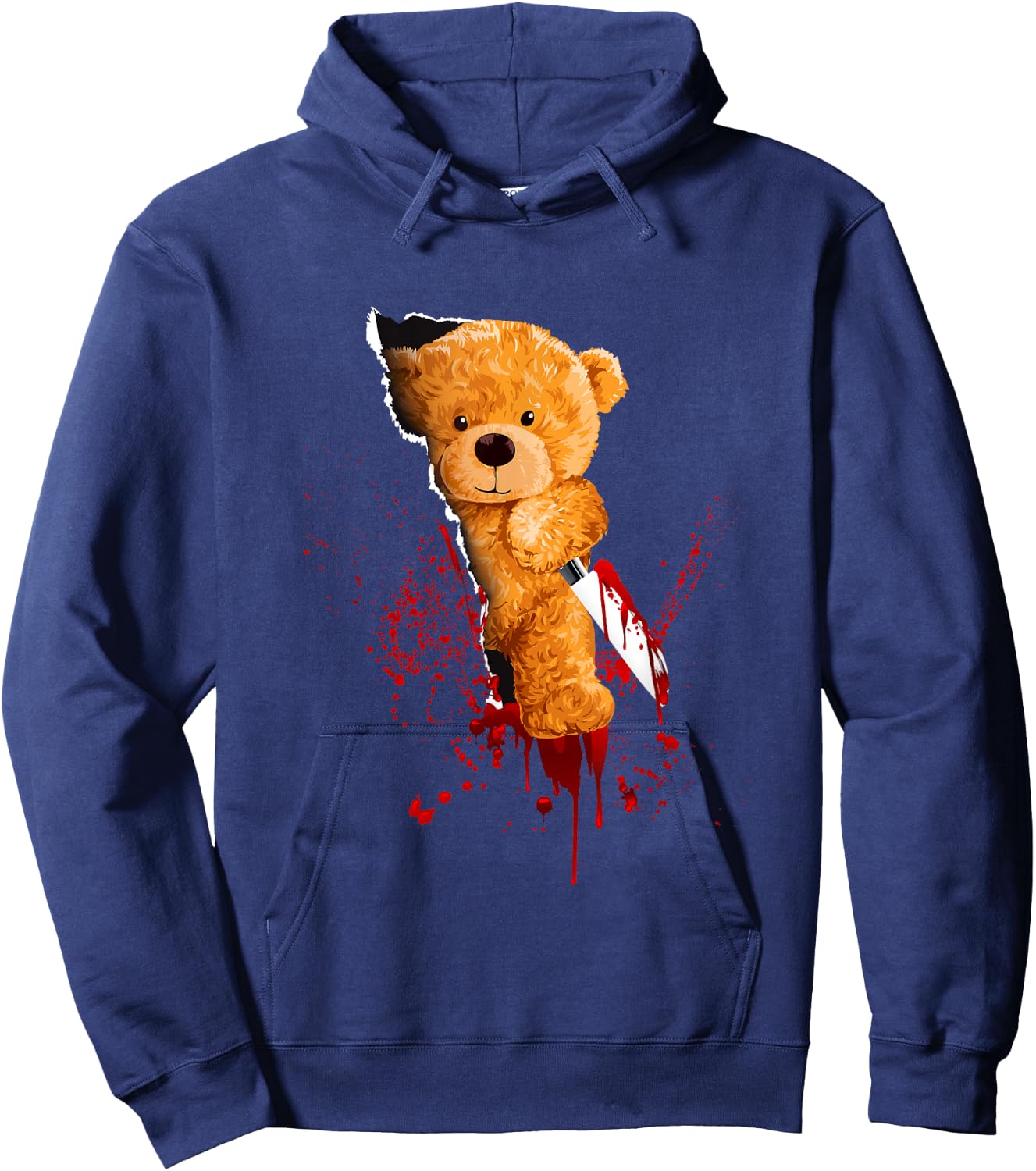 Horror Teddy Bear Cuts Through Fabric Halloween Blood Fun Hoodie - Hoodie | Navy
