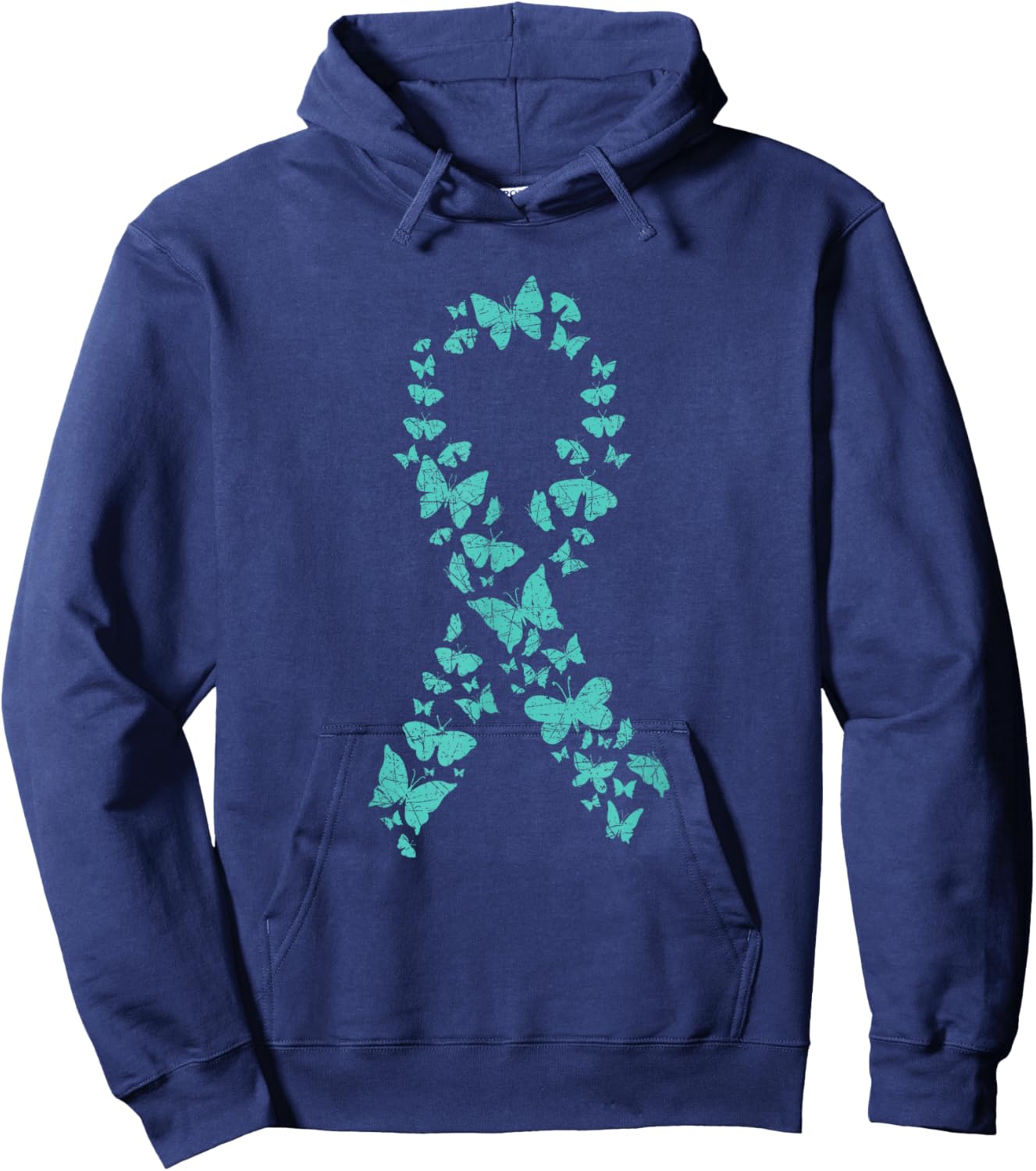 Teal Ribbon Butterflies Ovarian Cancer Awareness Hoodie - Hoodie | Navy