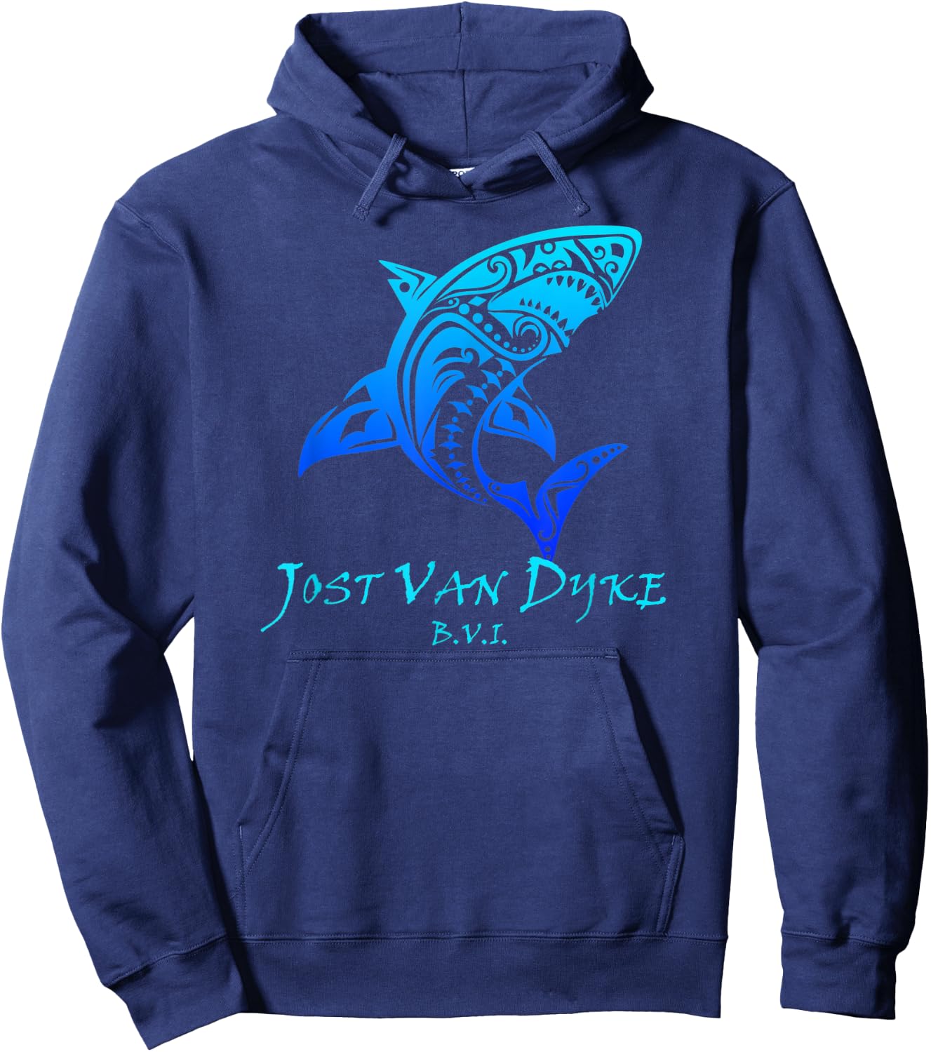 Jost Van Dyke, BVI Vintage Retro Tribal Shark Vacation Hoodie - Hoodie | Navy