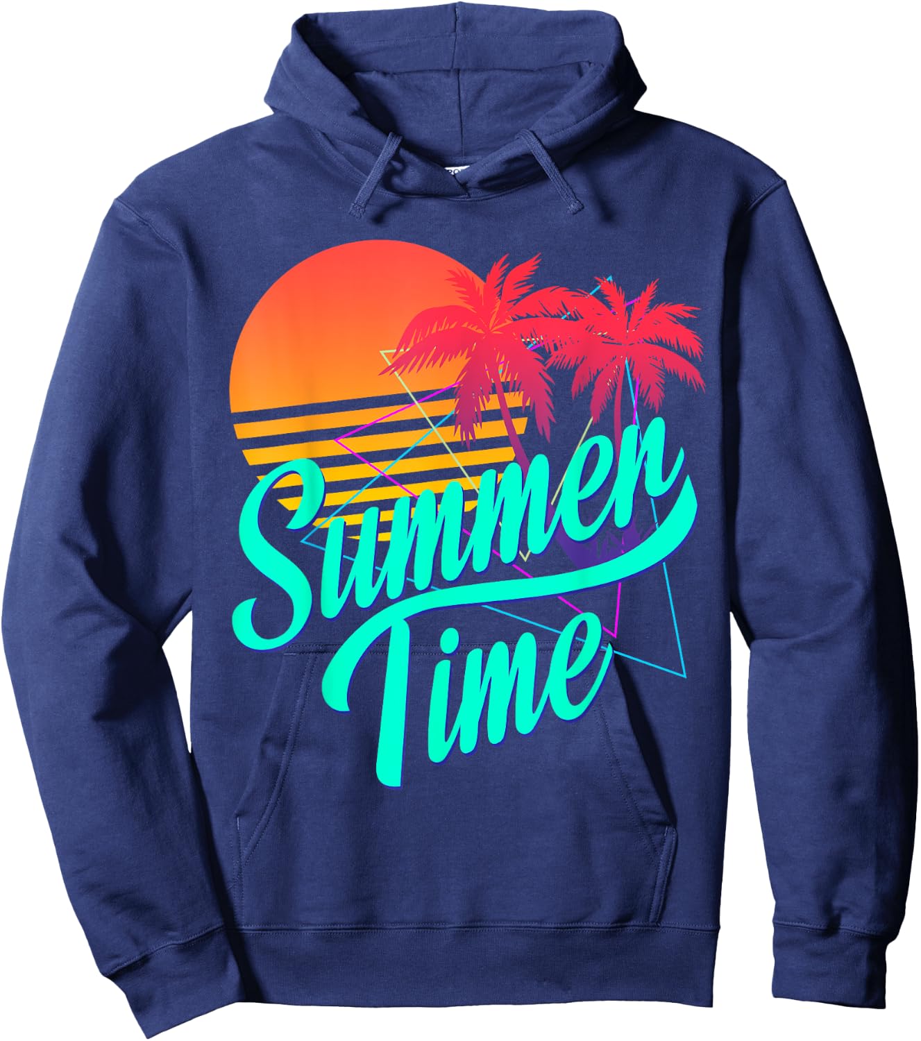 Summer Time - Retro 80s Beach Scene with Palm Trees & Sunset Men Women Kids Hoodie - Hoodie | Navy