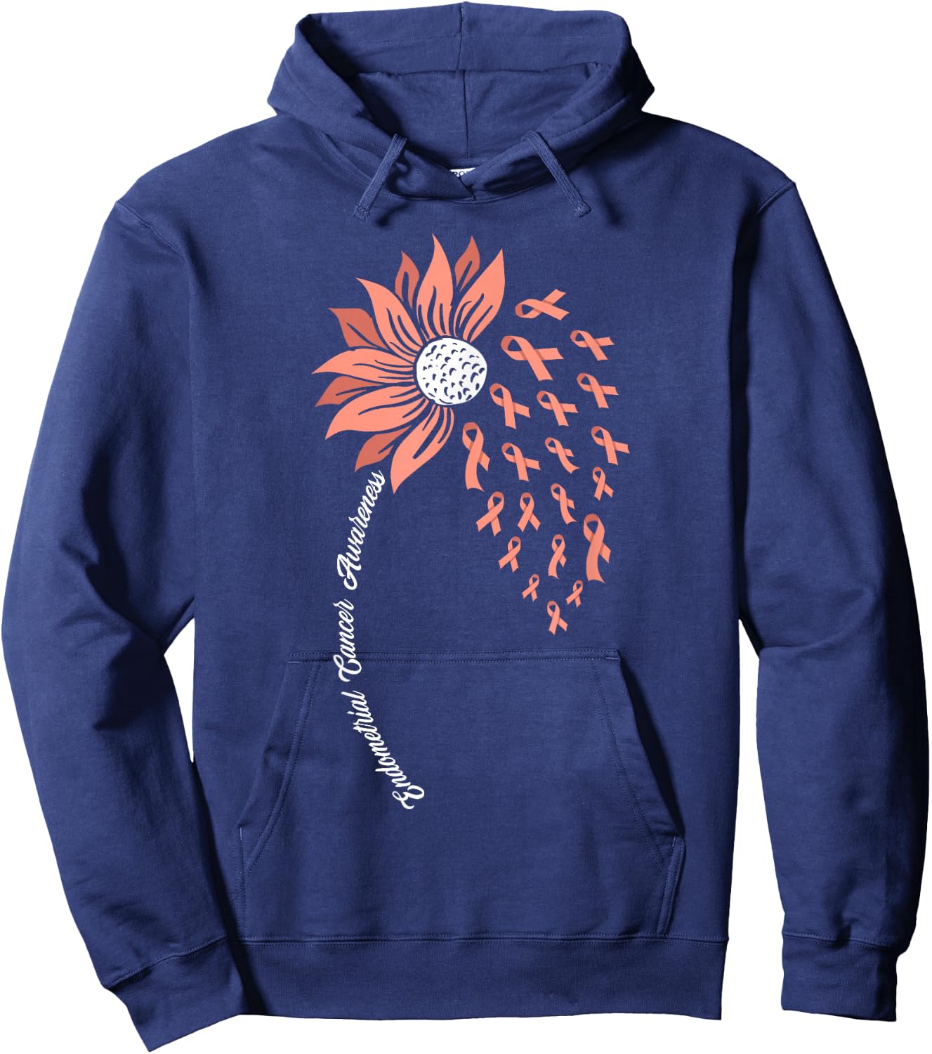 Sunflower Peach Ribbon Support Endometrial Cancer Awareness Hoodie - Hoodie | Navy