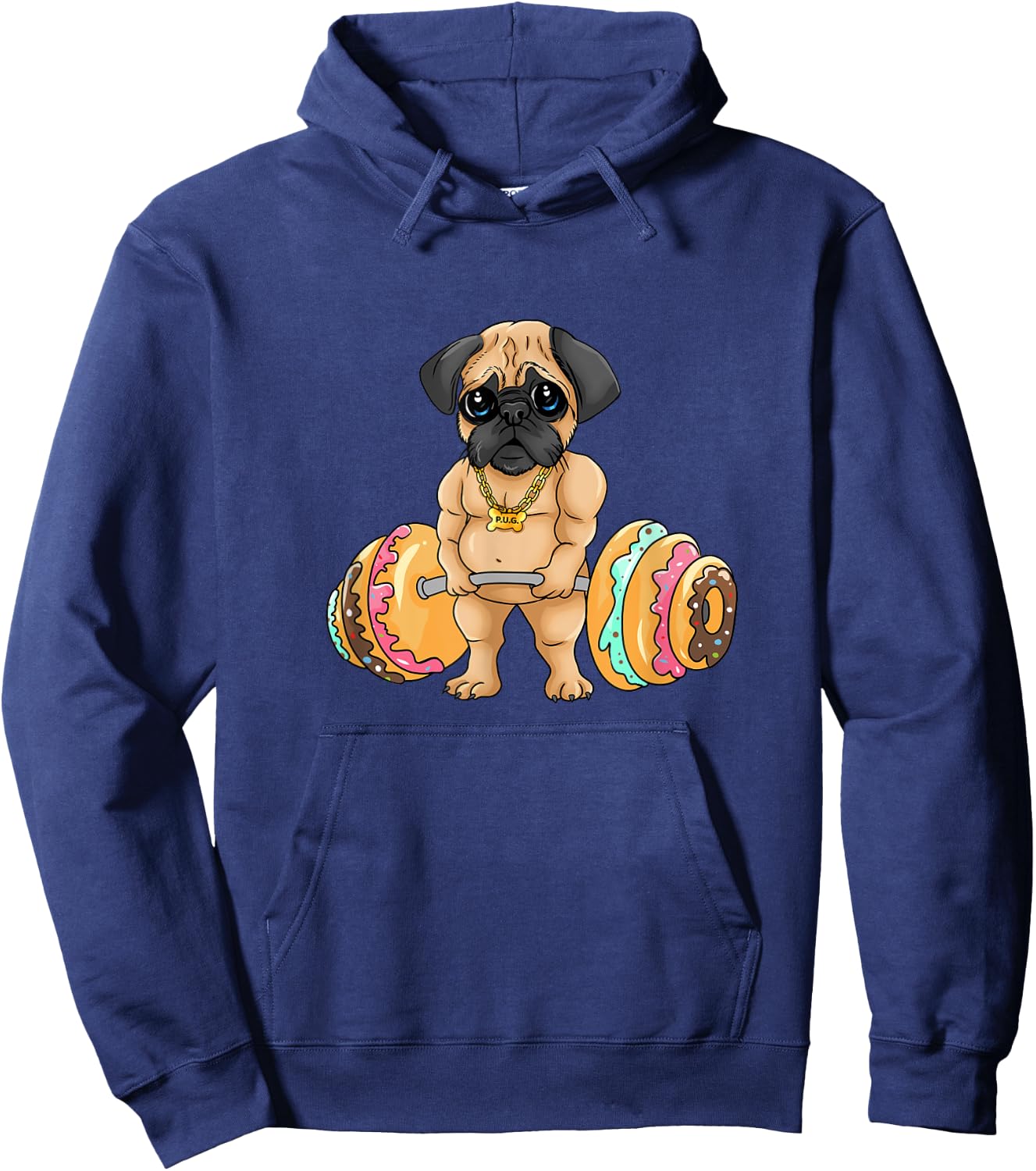 Pug Deadlifting Donuts, Fitness, Funny, Cute, Gym, Pug Hoodie - Hoodie | Navy