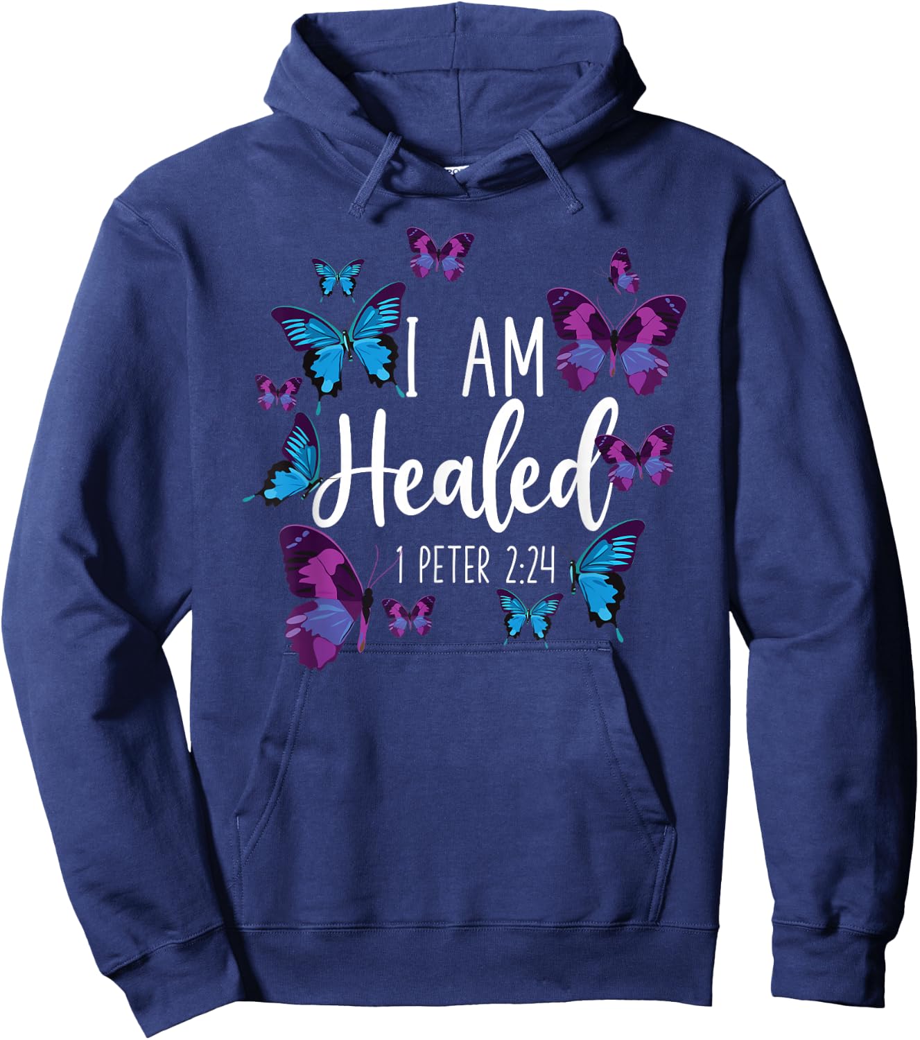 Christian Bible Verse Butterfly I Am Healed 1 Peter 2:24 Hoodie - Hoodie | Navy