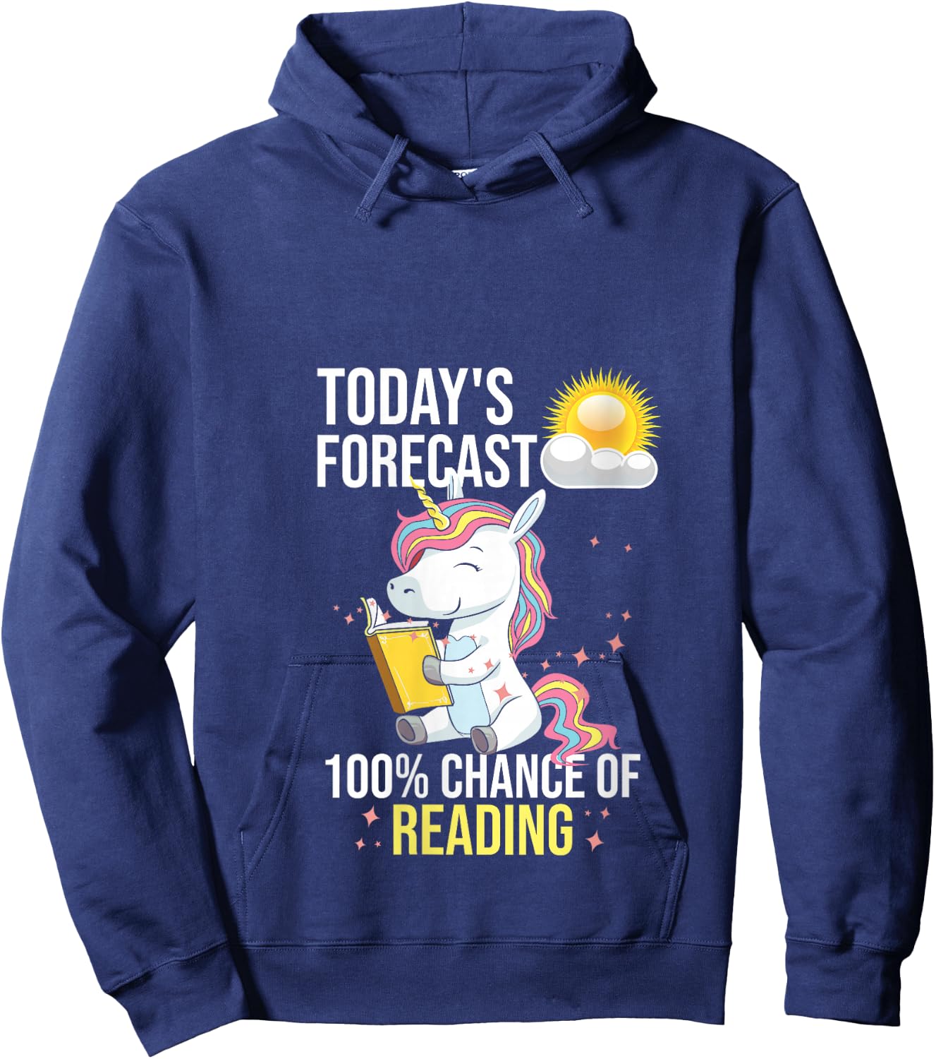 Women's 100% Chance of Reading Funny Book Lover Unicorn V-Neck Hoodie - Hoodie | Navy