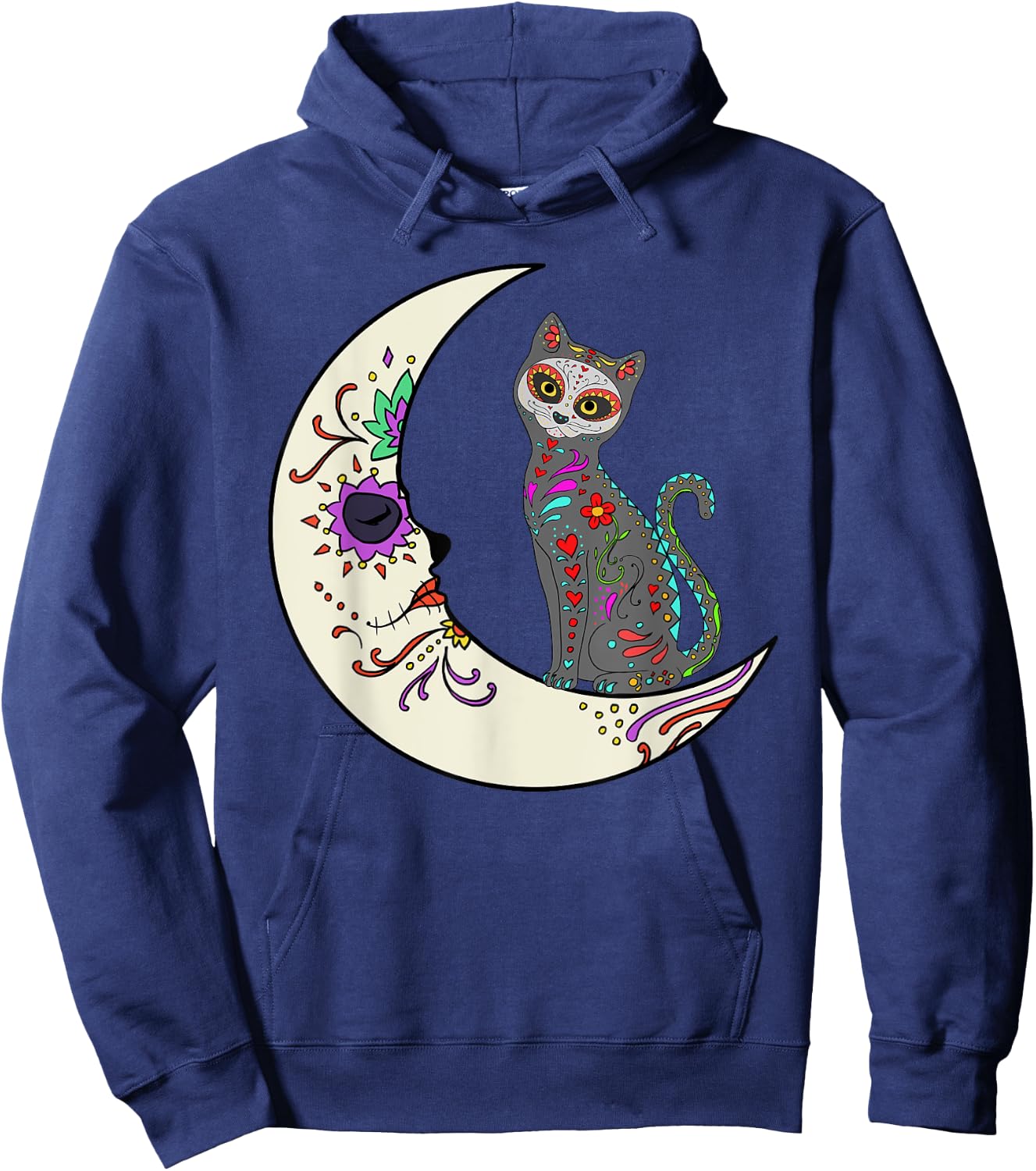 Day Of Dead Cat On The Moon Love Mexican Cat Sugar Skull Women Kids Hoodie - Hoodie | Navy