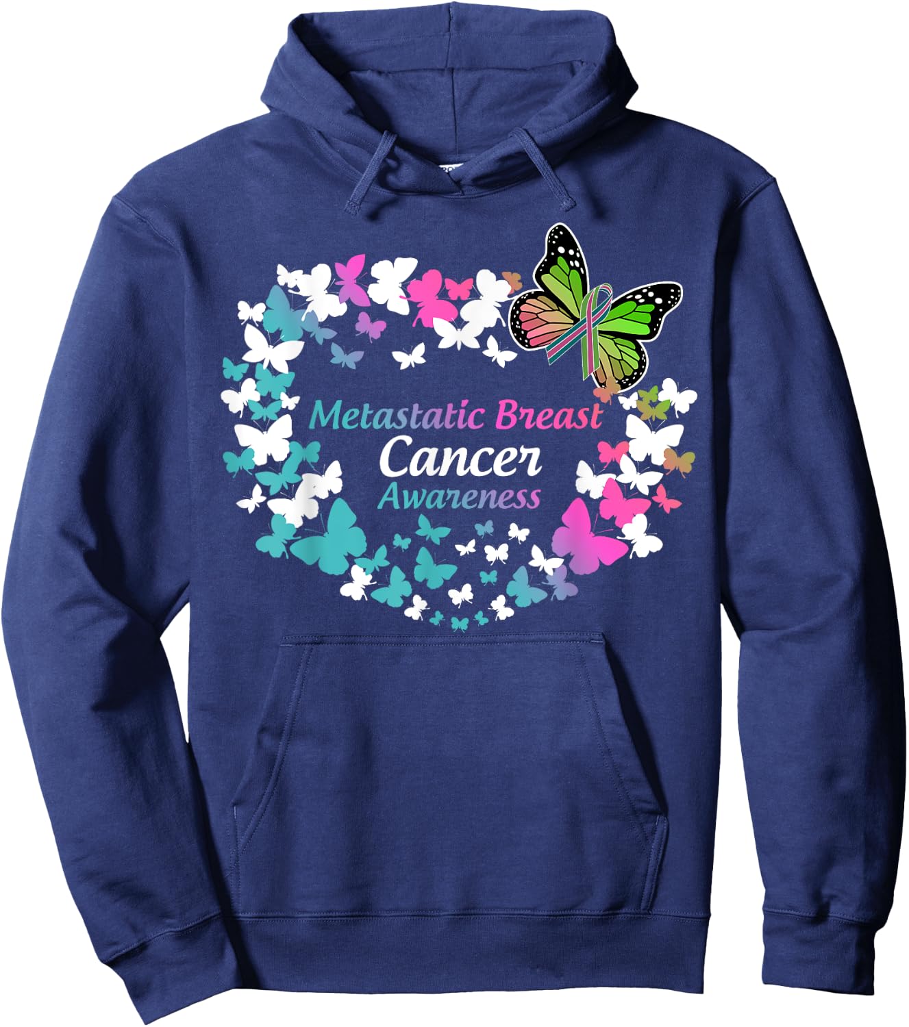 Butterfly Metastatic Breast Cancer Green Teal Pink Ribbon Hoodie - Hoodie | Navy