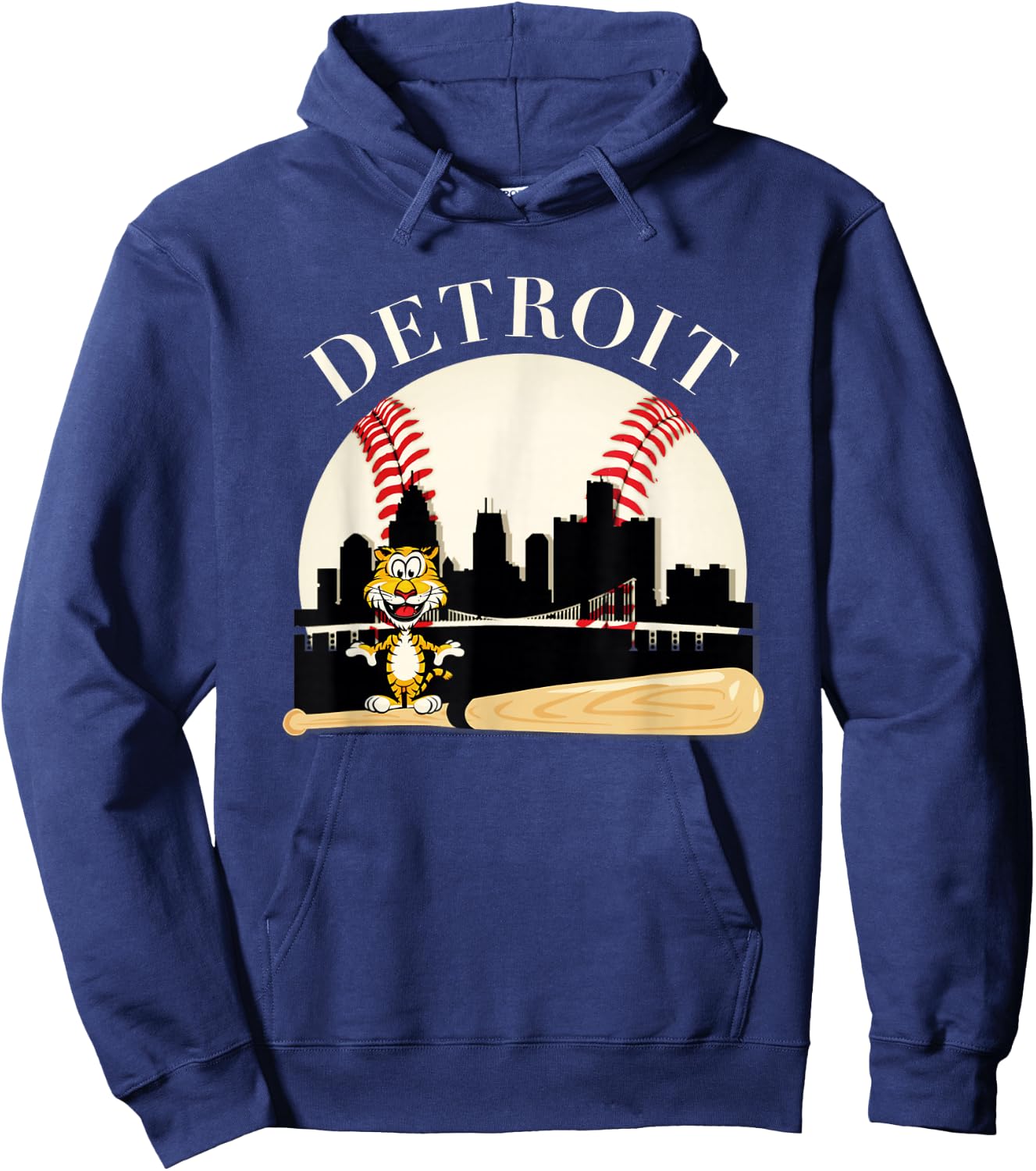Detroit Baseball Tiger Mascot and Skyline Design Hoodie - Hoodie | Navy