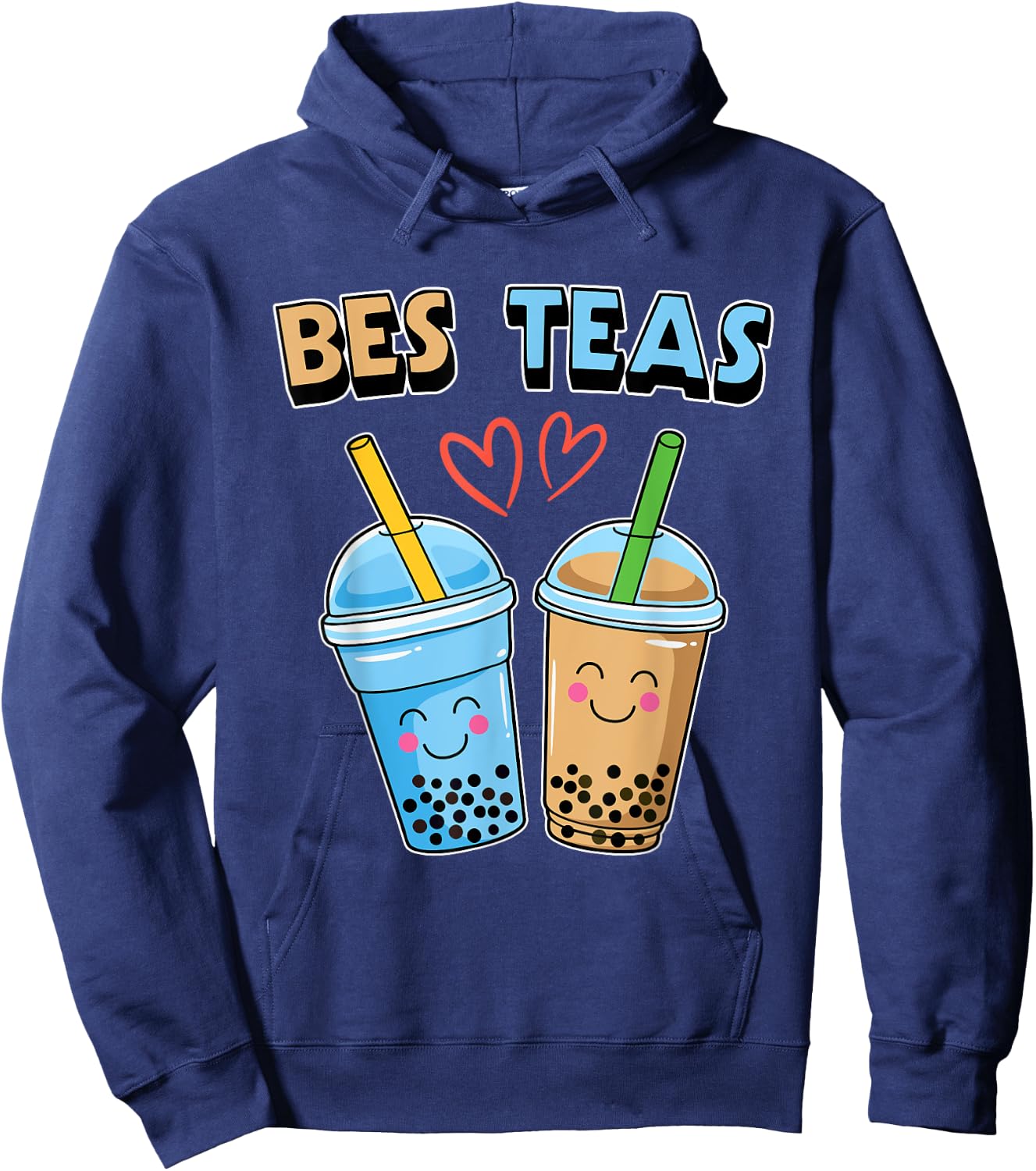 Boba Bubble Tea Bes Teas Kawaii Cute Bestie Blue and Brown Hoodie - Hoodie | Navy