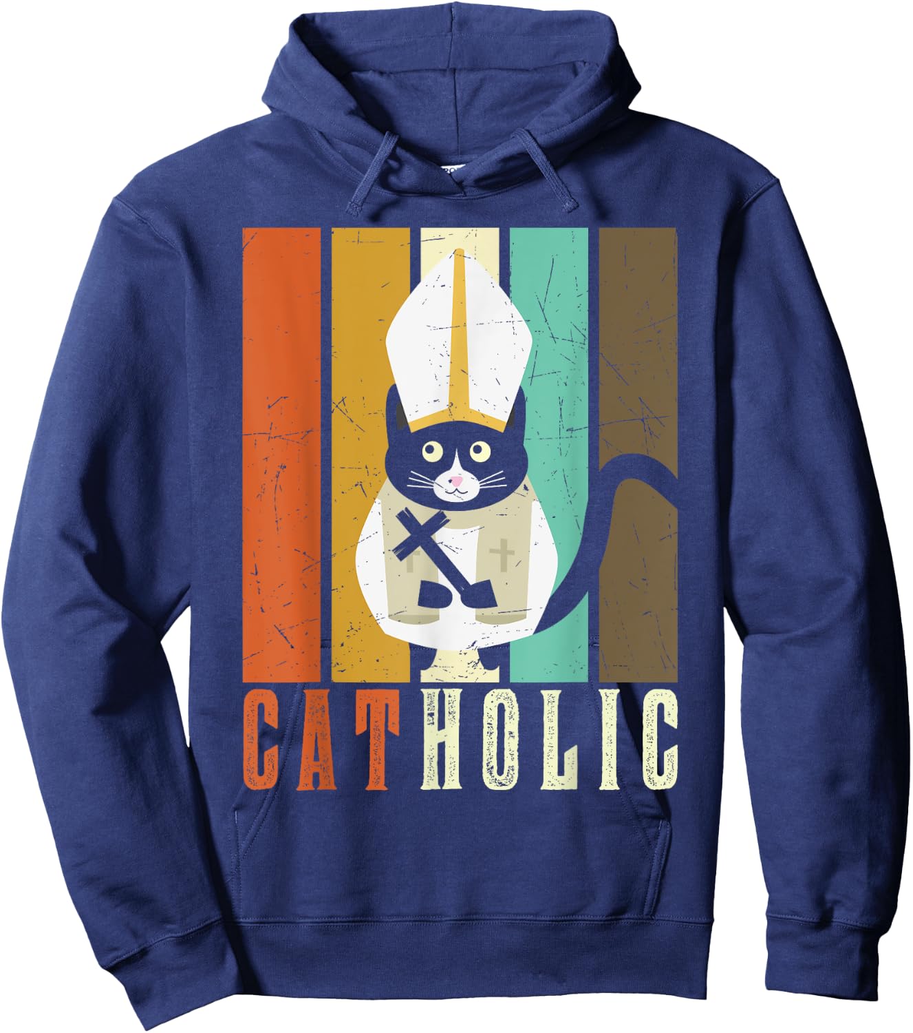 Funny Catholic T Shirts, Cat-holic Cat Lover Retro Vintage Hoodie - Hoodie | Navy