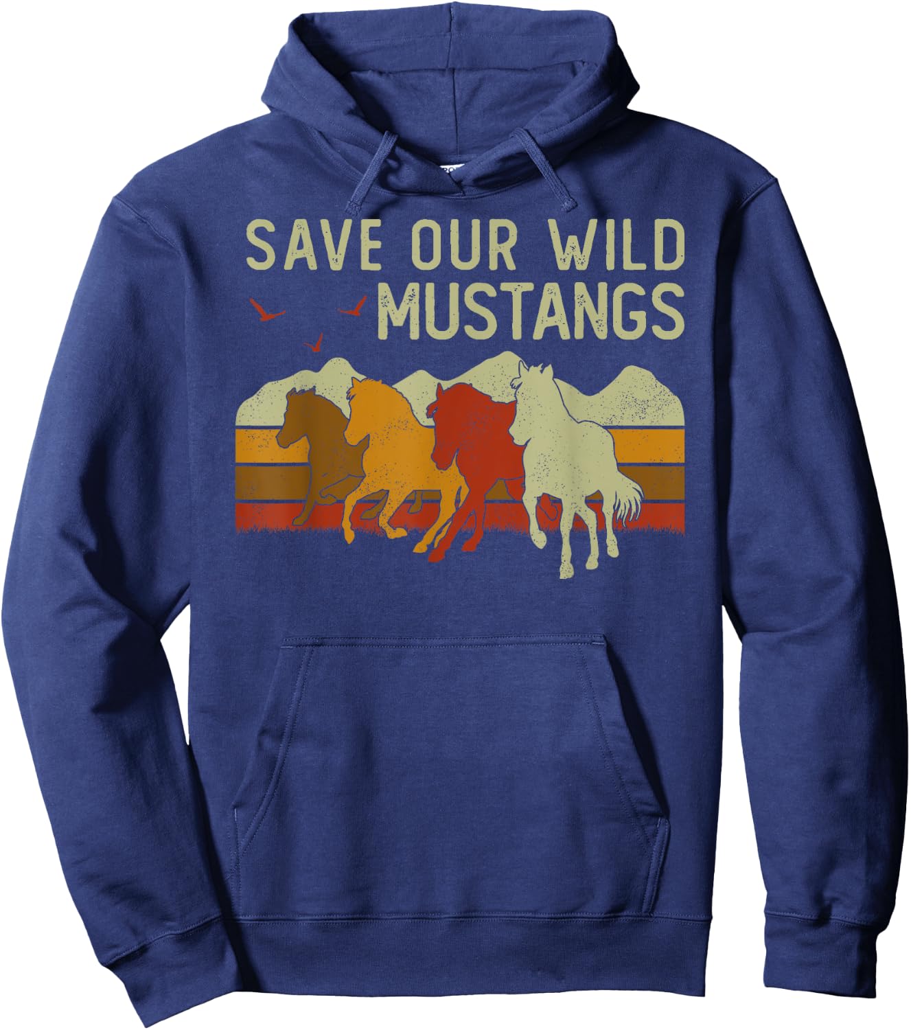 Vintage Sunset Horse Wildlife Animal Save Our Wild Mustangs Hoodie - Hoodie | Navy