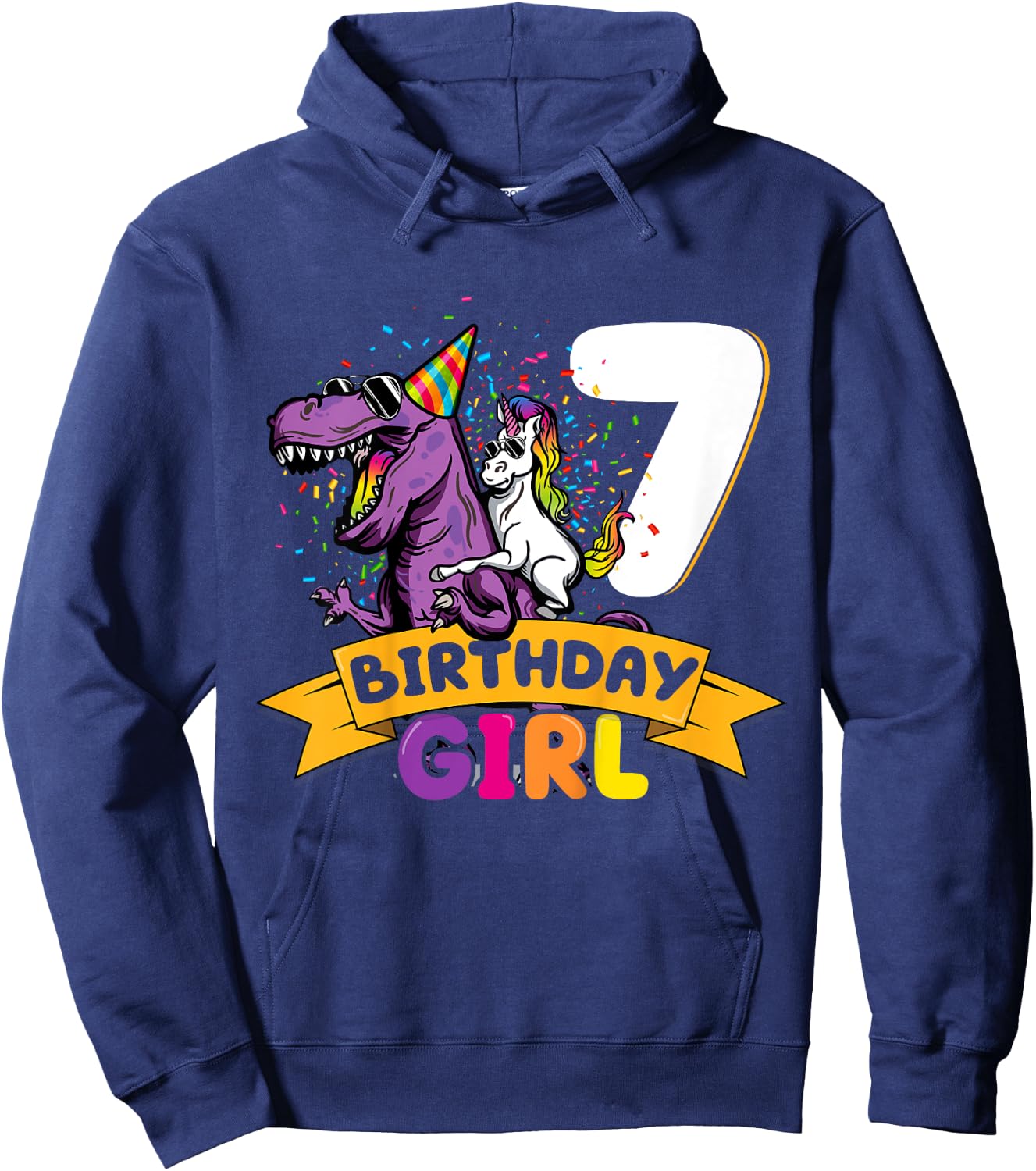Dinosaur Unicorn 7 Birthday Decoration 7 Dino Girl 7 Years Hoodie - Hoodie | Navy