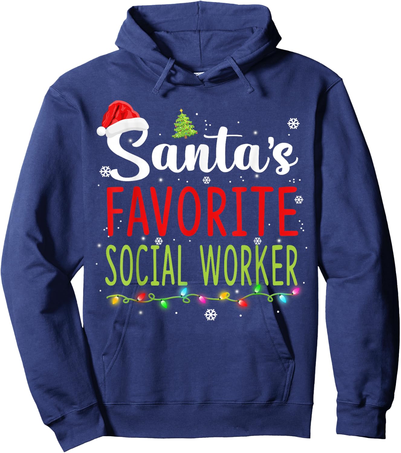 Santa's Favorite Social Worker Christmas Santa Hat Lights Hoodie - Hoodie | Navy