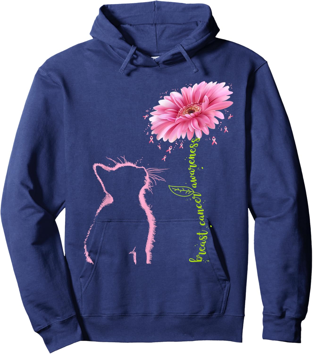 Breast Cancer Awareness Pink Ribbon Daisy Flower Cat Lovers Hoodie - Hoodie | Navy