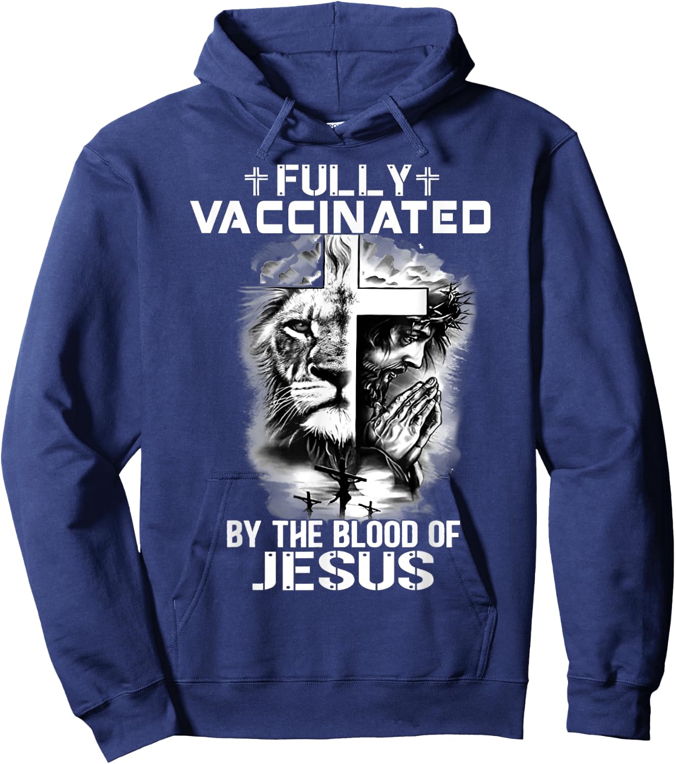 Lion Jesus Cross Fully Vaccinated By The Blood Of Jesus Hoodie - Hoodie | Navy