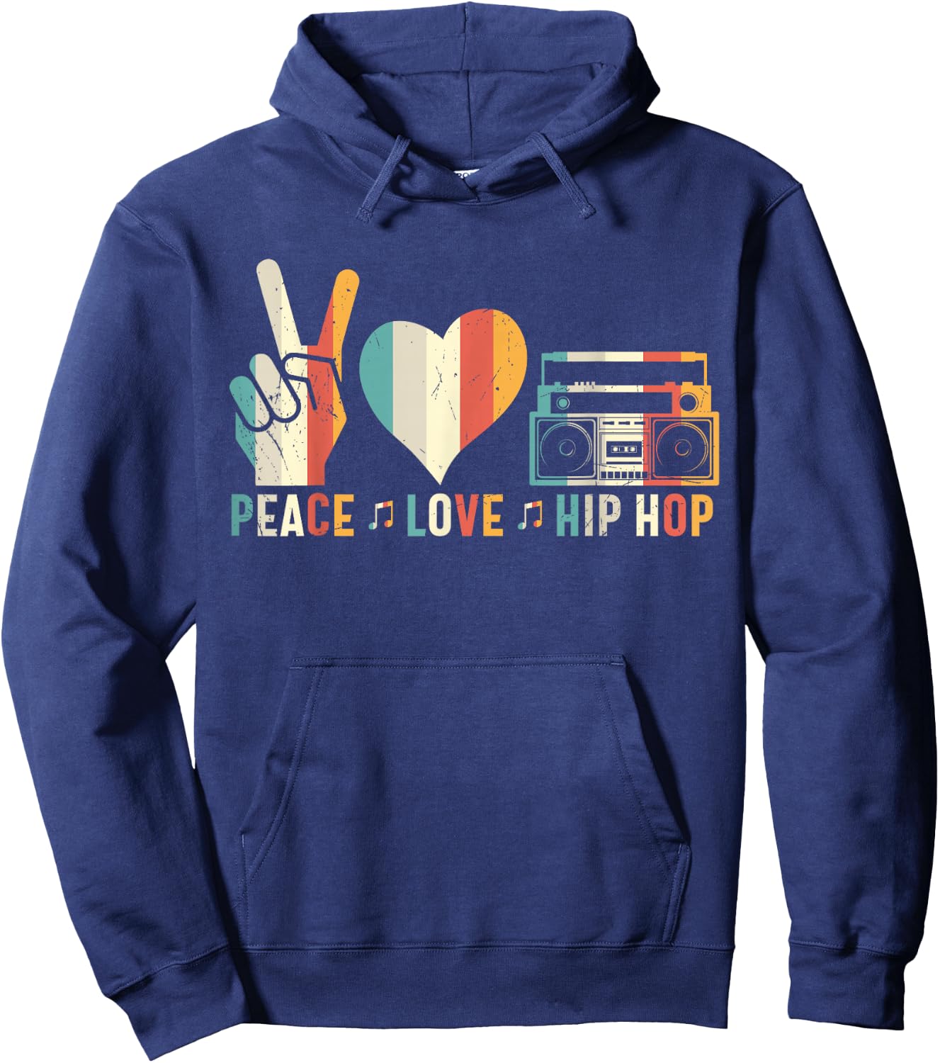 Retro 80's Old School Peace Love Hip Hop Graphic Hoodie - Hoodie | Navy