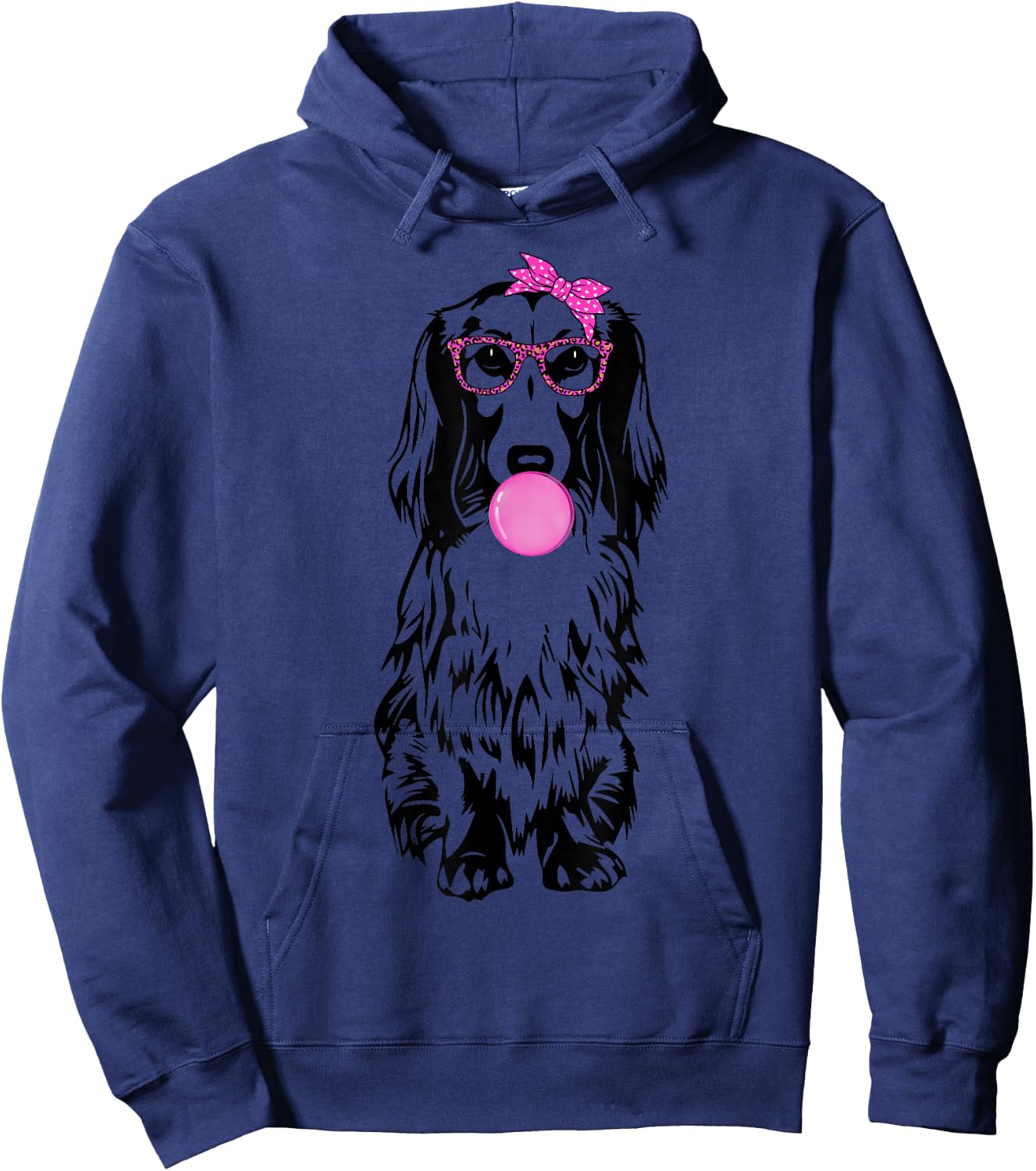 Longhaired Dachshund dog with bubble gum bandana glasses Hoodie - Hoodie | Navy