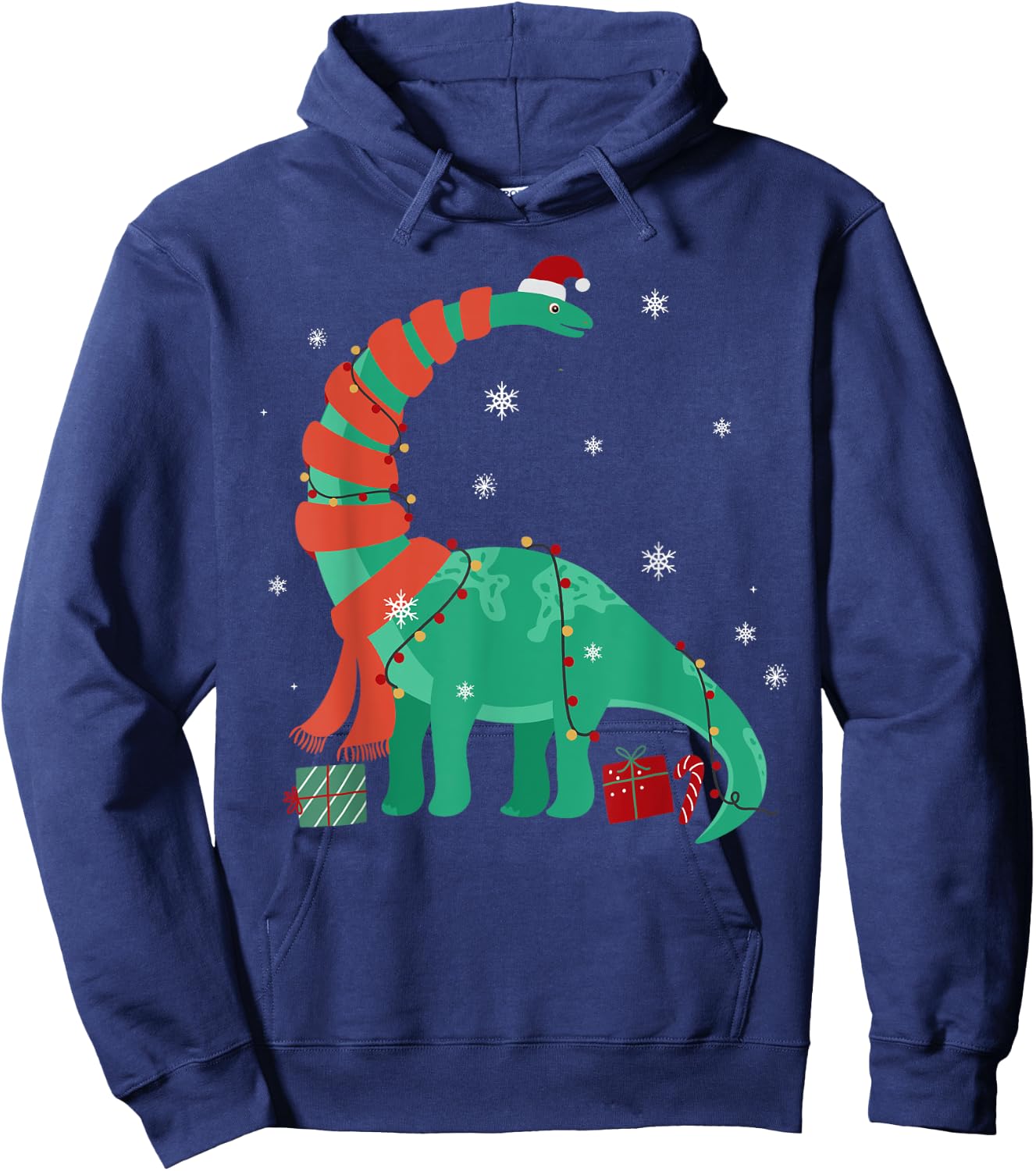 Funny Christmas Dinosaur Santa Xmas Lights Brontosaurus Hoodie - Hoodie | Navy