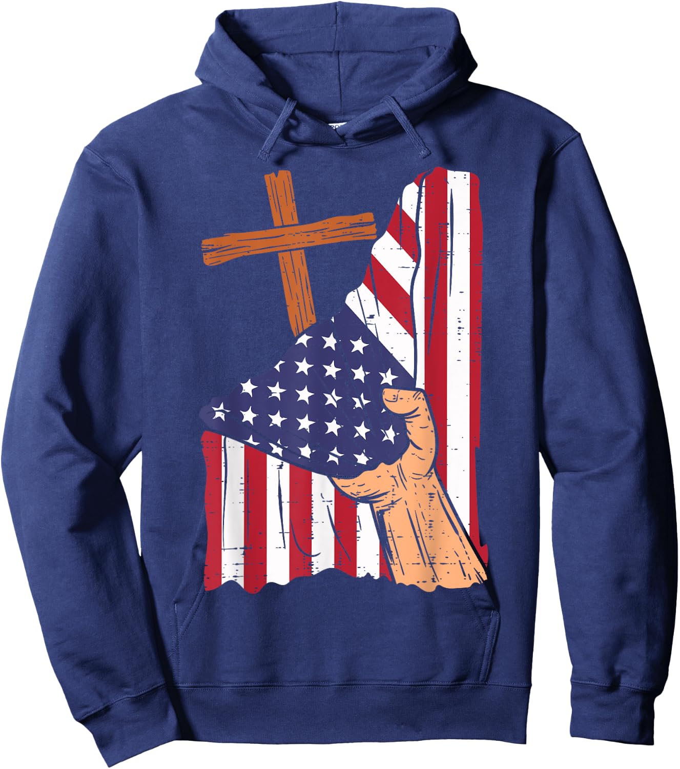 Cross Behind US Flag Religious God Jesus Patriotic Christian Hoodie - Hoodie | Navy
