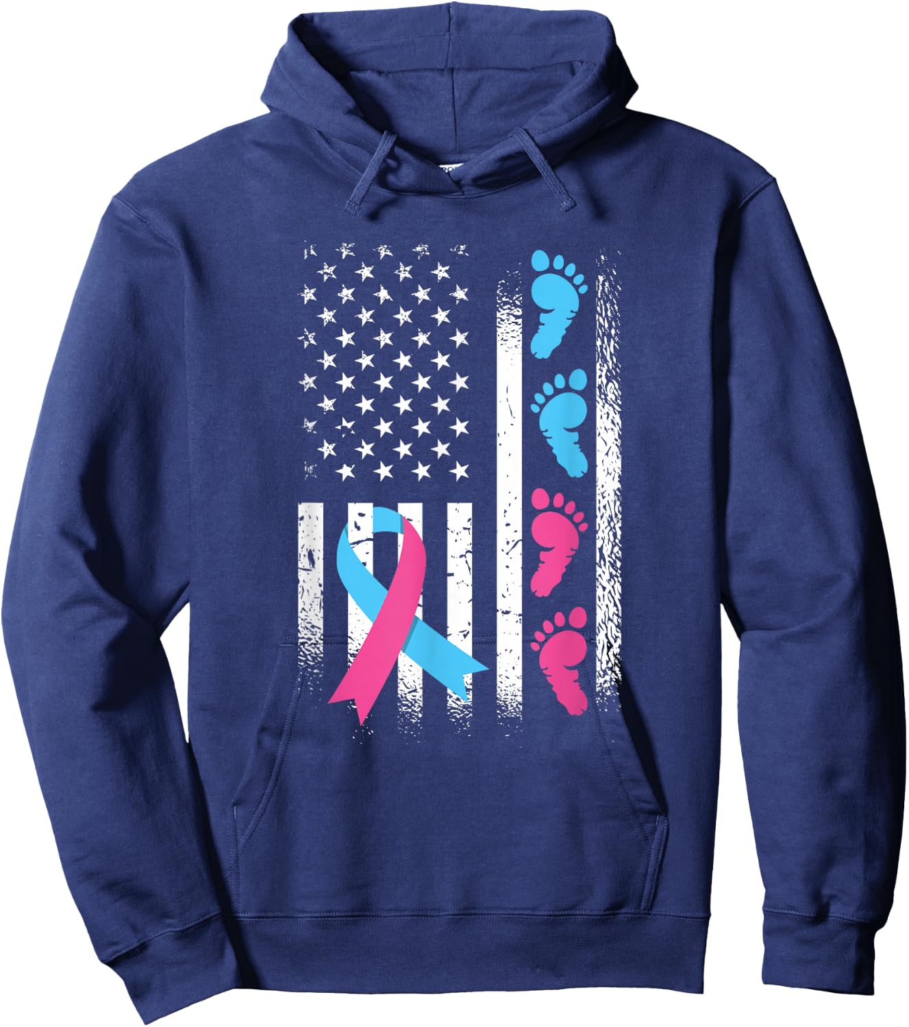 American Flag Pink and Blue Ribbon Pregnancy and Infant Loss Hoodie - Hoodie | Navy