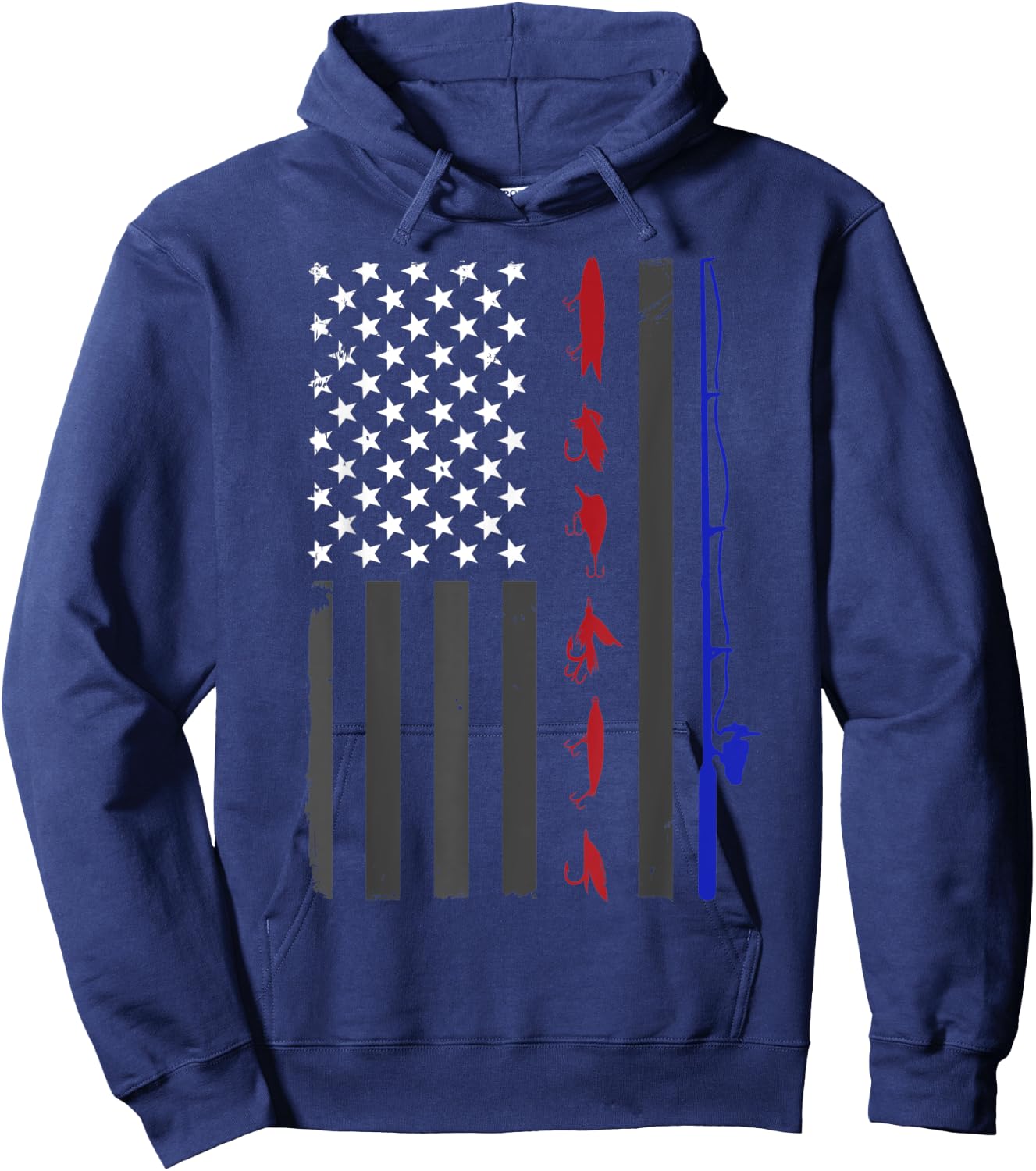 American Flag Fishing Vintage Fishing Pole and Lures Women Kids Men Hoodie - Hoodie | Navy