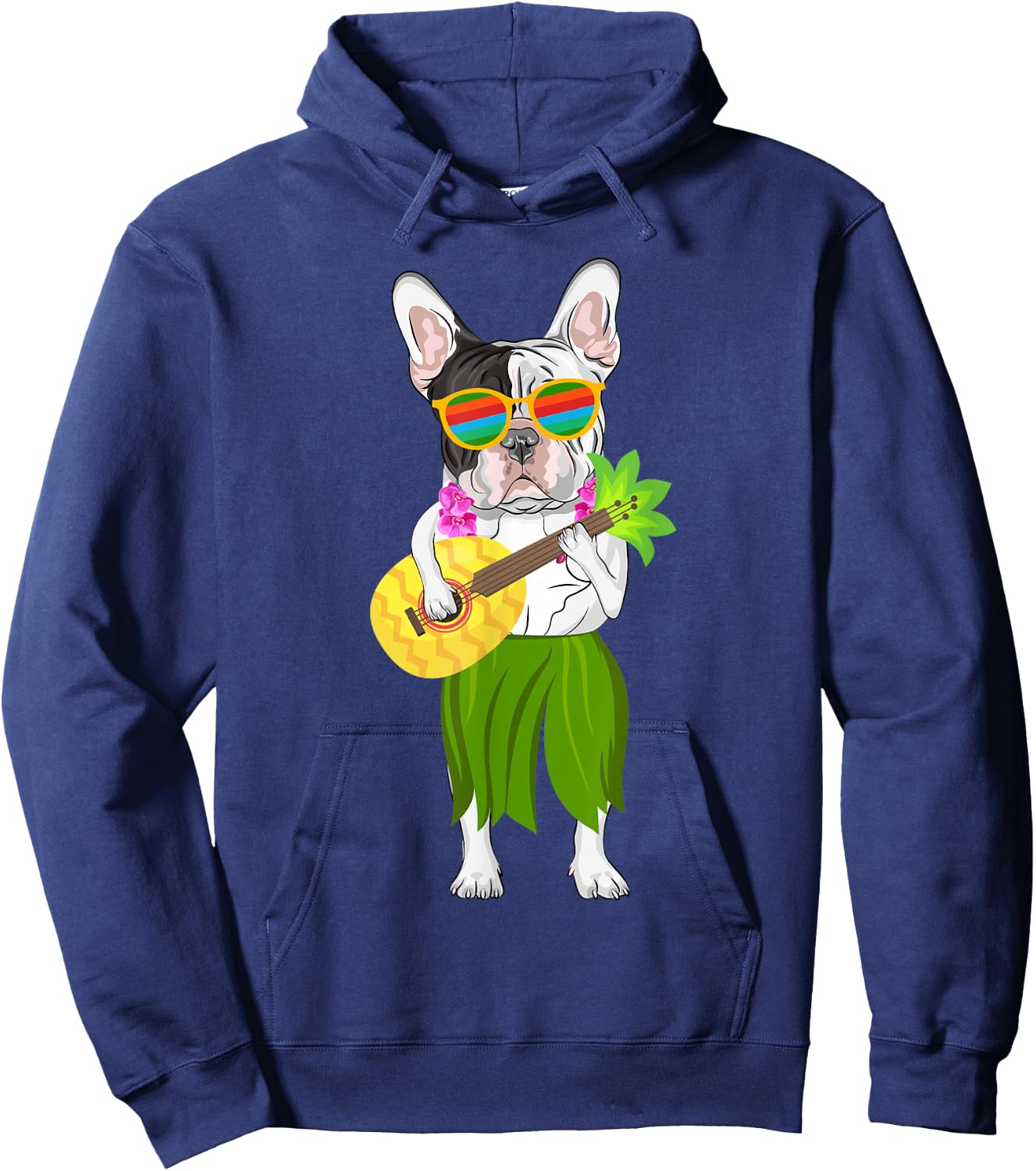 Hawaiian French Bulldog & Pineapple Ukulele Summer Vacation Hoodie - Hoodie | Navy